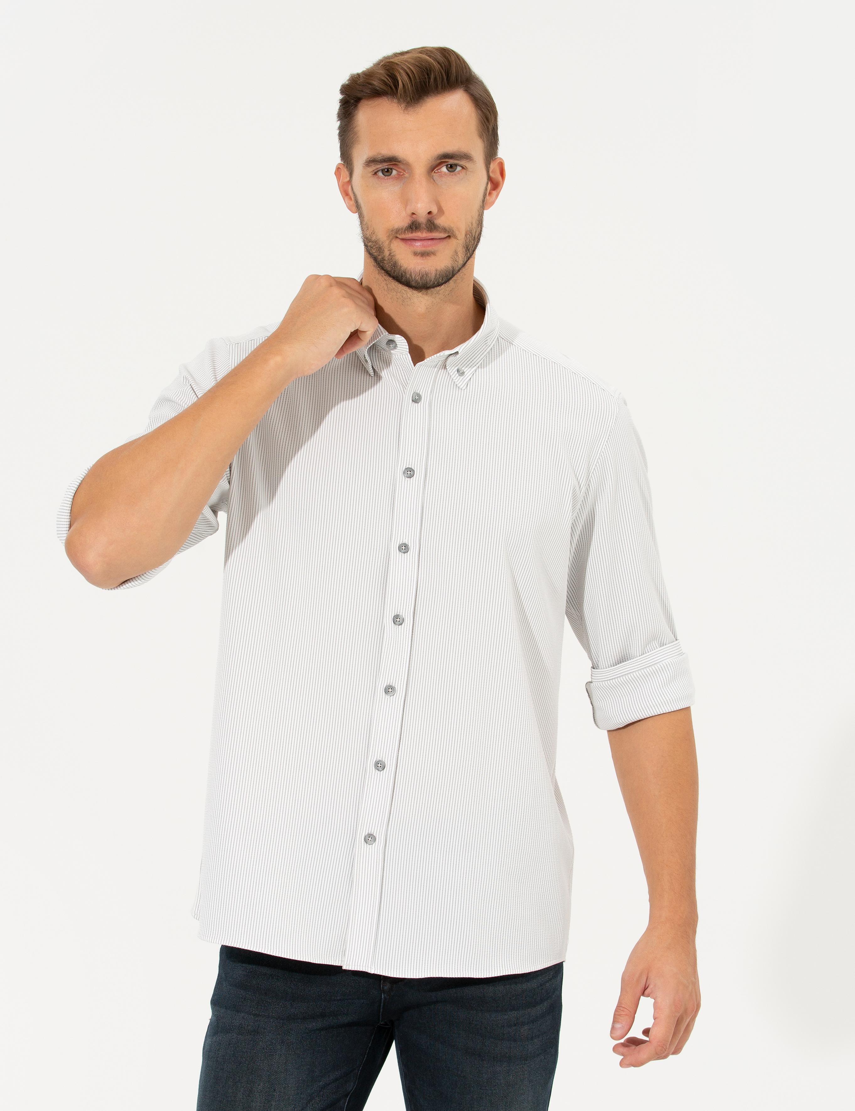 Açık Gri Slim Fit Uzun Kollu Gömlek