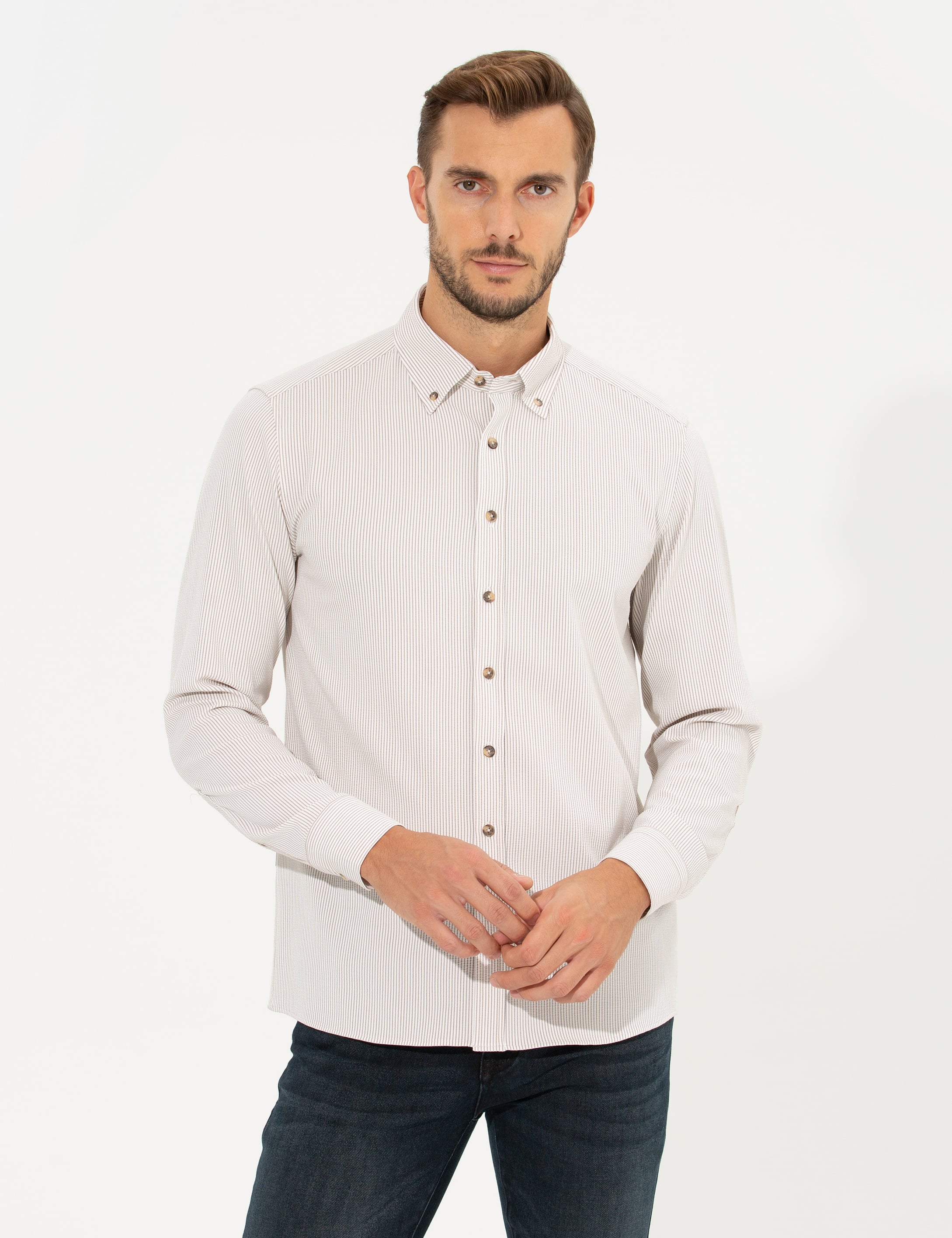 Pierre Cardin Bej Slim Fit Uzun Kollu Gömlek görsel 2