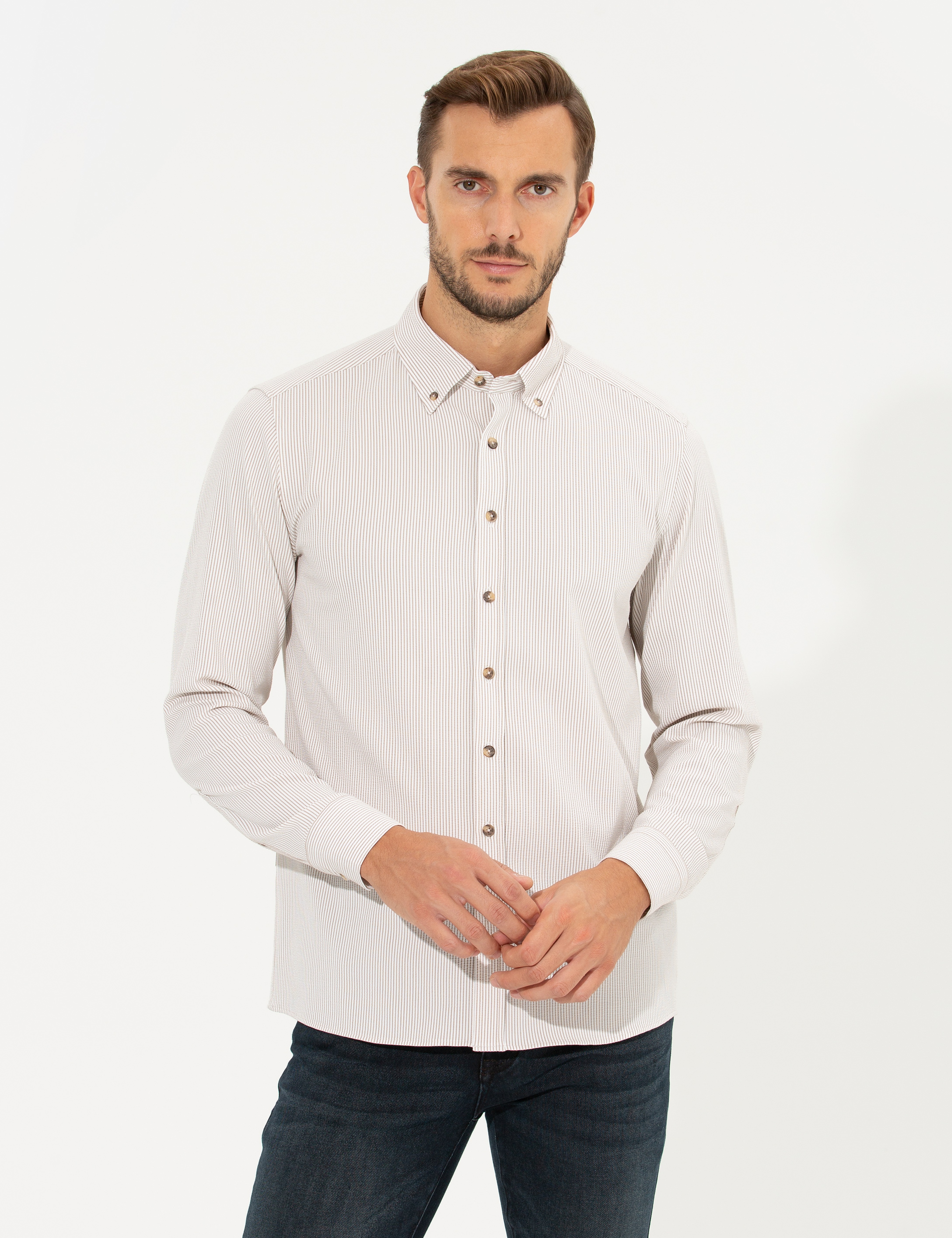 Bej Slim Fit Uzun Kollu Gömlek - Image 2