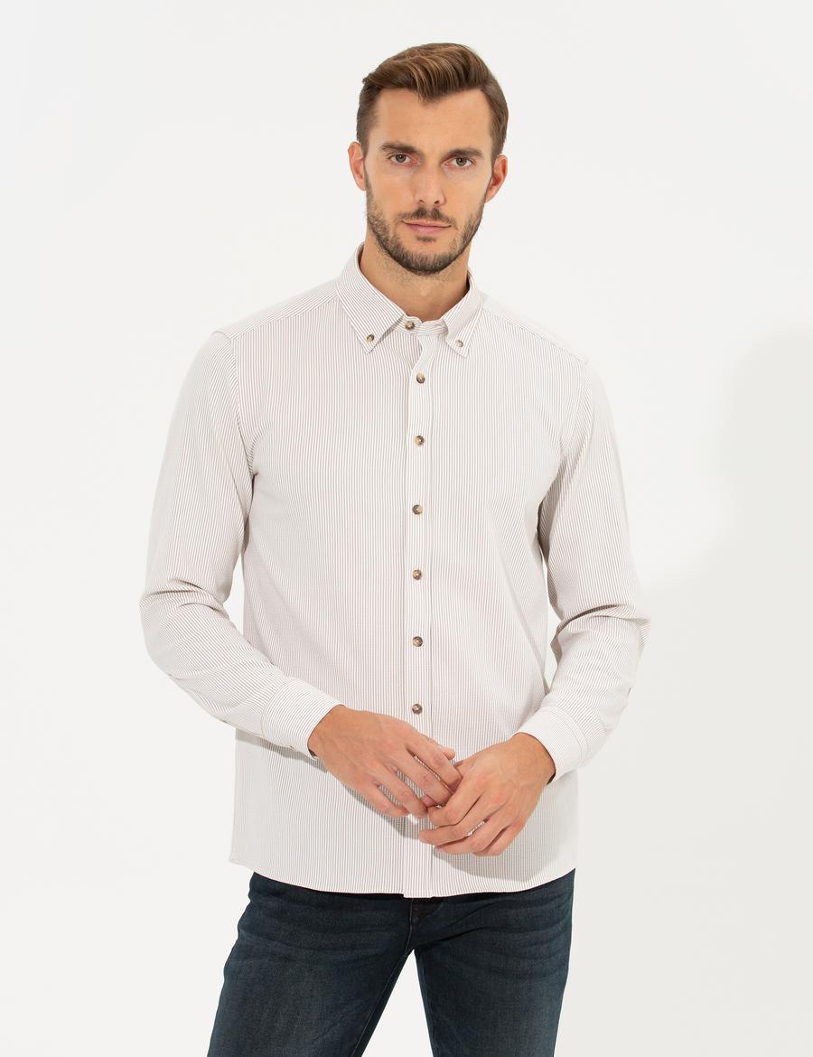 Bej Slim Fit Uzun Kollu Gömlek