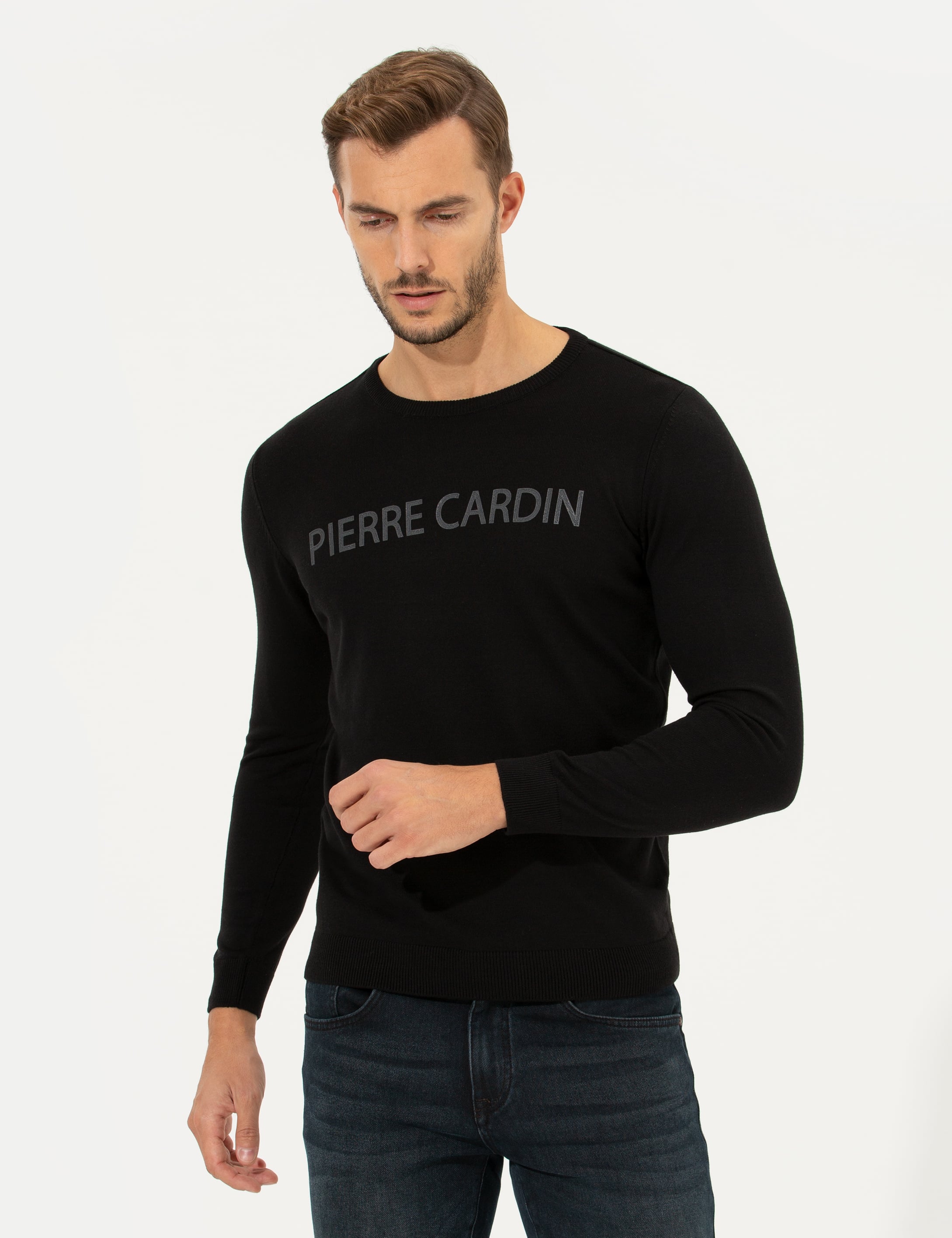 Pierre Cardin Siyah Slim Fit Bisiklet Yaka Triko Kazak görsel 3