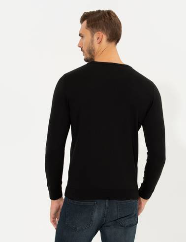 Siyah Slim Fit Bisiklet Yaka Triko Kazak