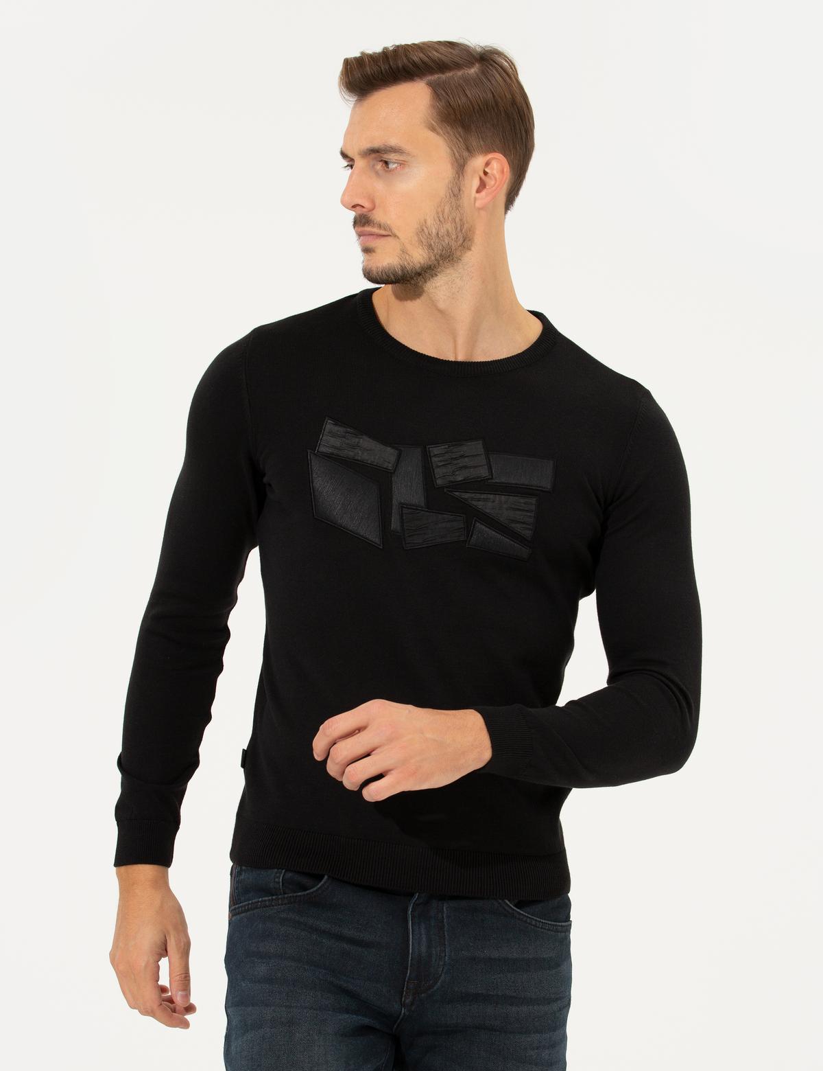 Siyah Slim Fit Bisiklet Yaka Triko Kazak - 50258663003