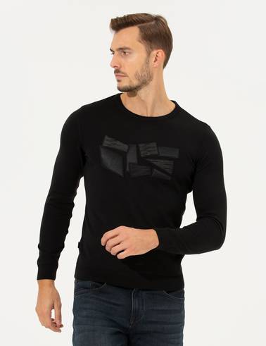 Siyah Slim Fit Bisiklet Yaka Triko Kazak
