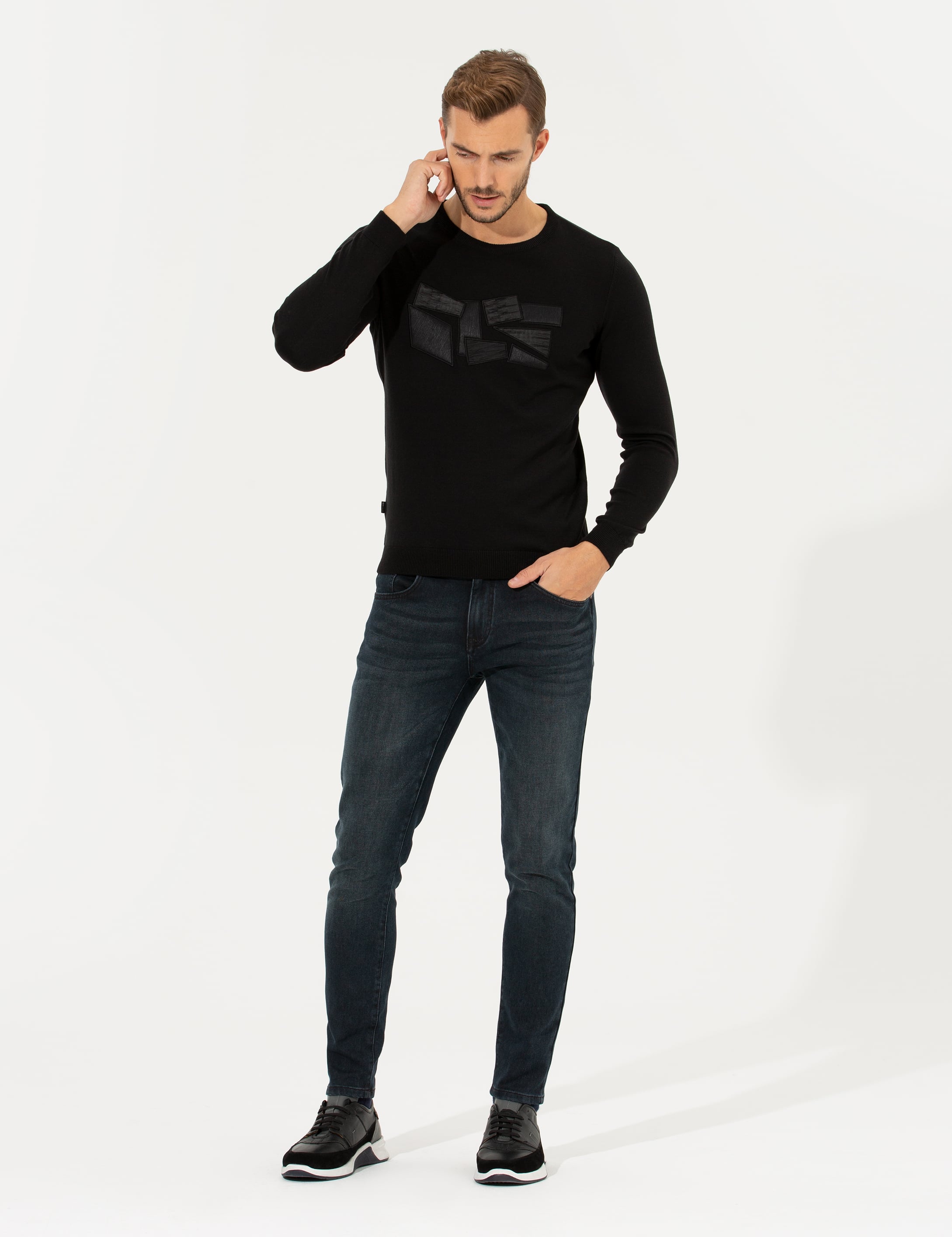 Pierre Cardin Siyah Slim Fit Bisiklet Yaka Triko Kazak görsel 4