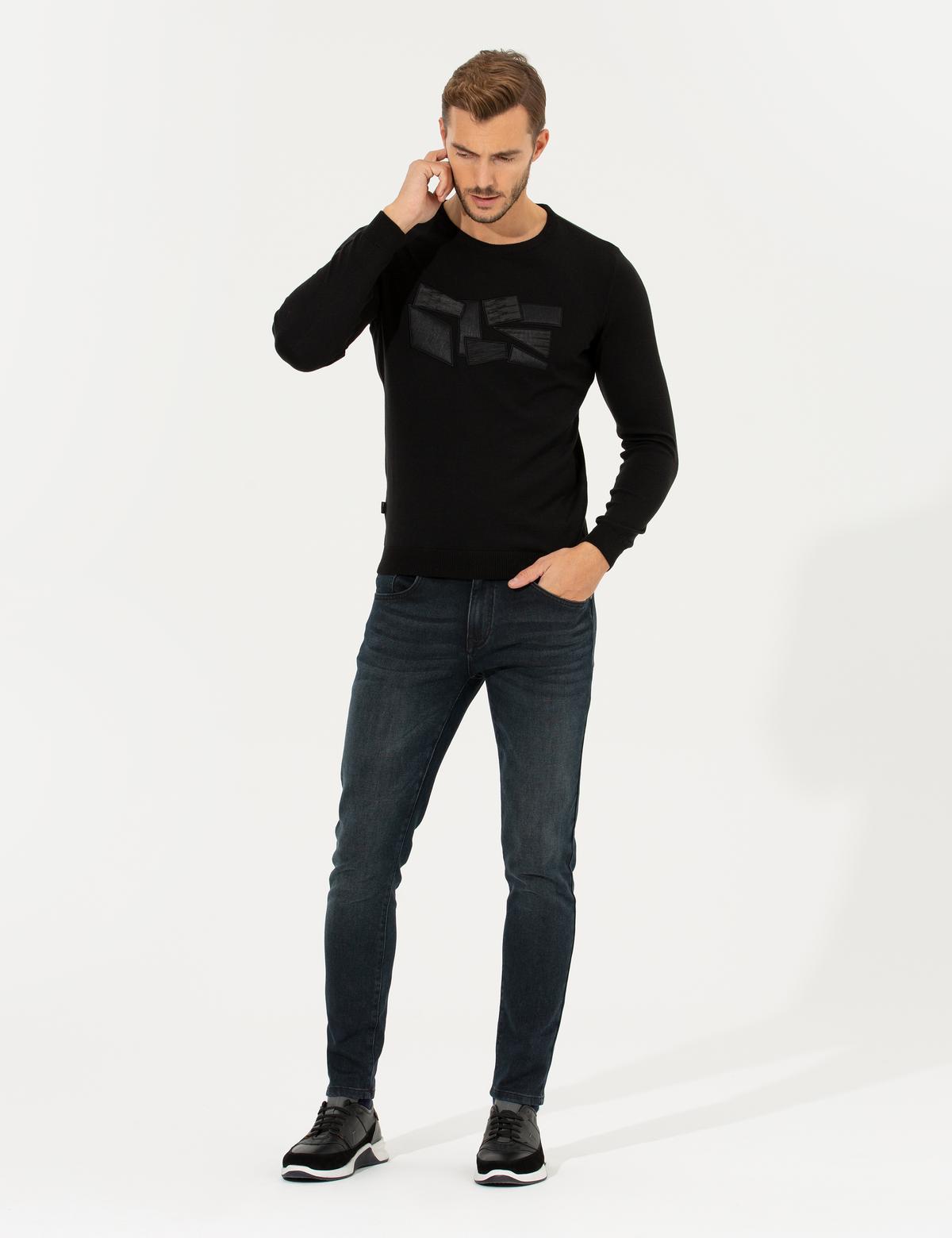 Siyah Slim Fit Bisiklet Yaka Triko Kazak - 50258663003