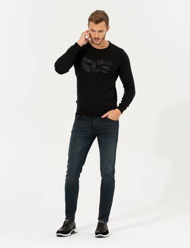 Siyah Slim Fit Bisiklet Yaka Triko Kazak