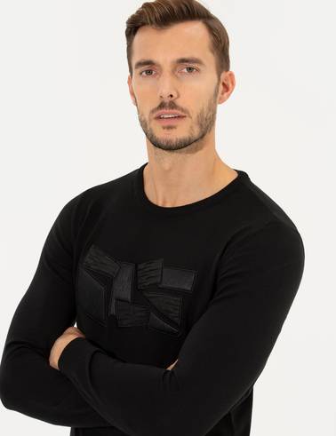 Siyah Slim Fit Bisiklet Yaka Triko Kazak