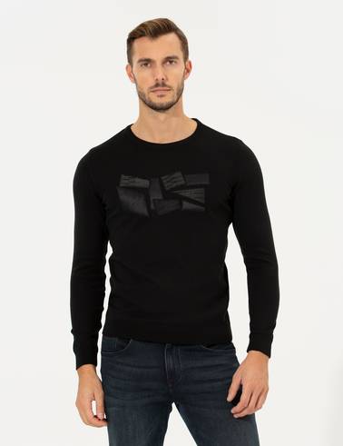 Siyah Slim Fit Bisiklet Yaka Triko Kazak