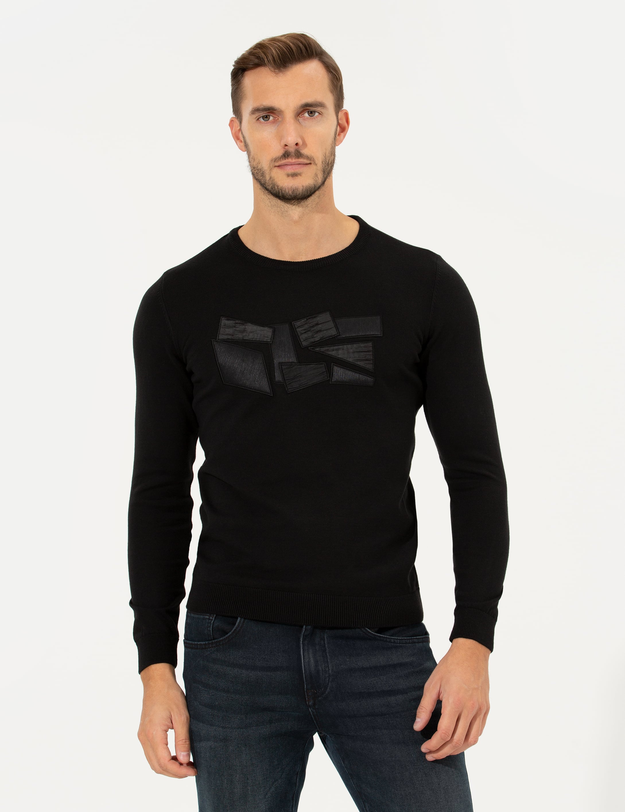 Siyah Slim Fit Bisiklet Yaka Triko Kazak