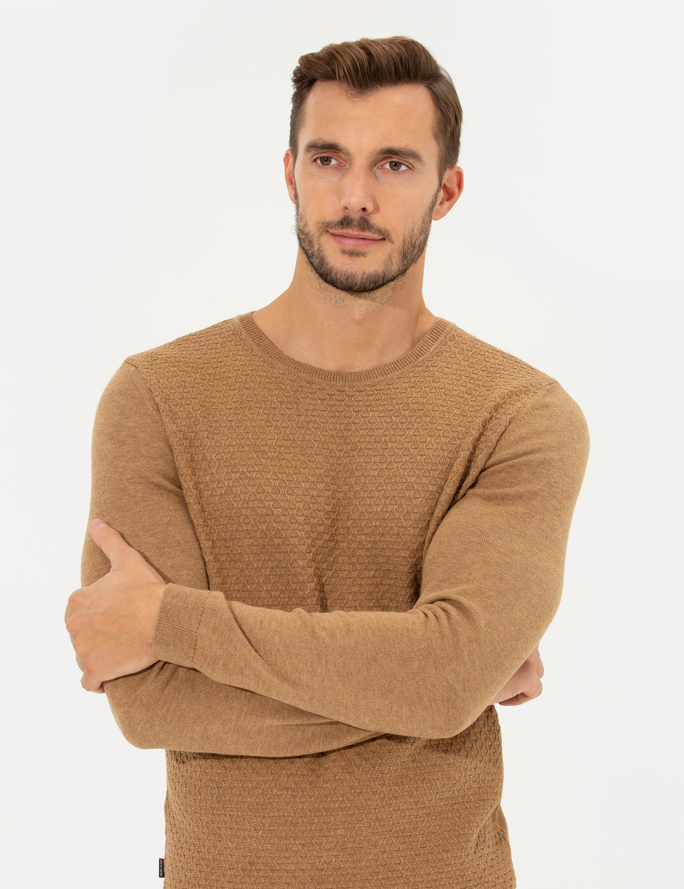 Pierre Cardin Camel Melanj Slim Fit Bisiklet Yaka Triko Kazak görsel 2