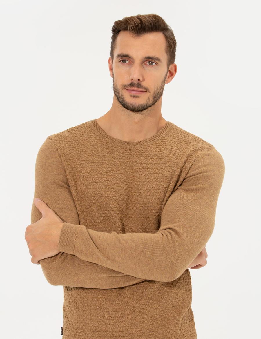 Camel Melanj Slim Fit Bisiklet Yaka Triko Kazak