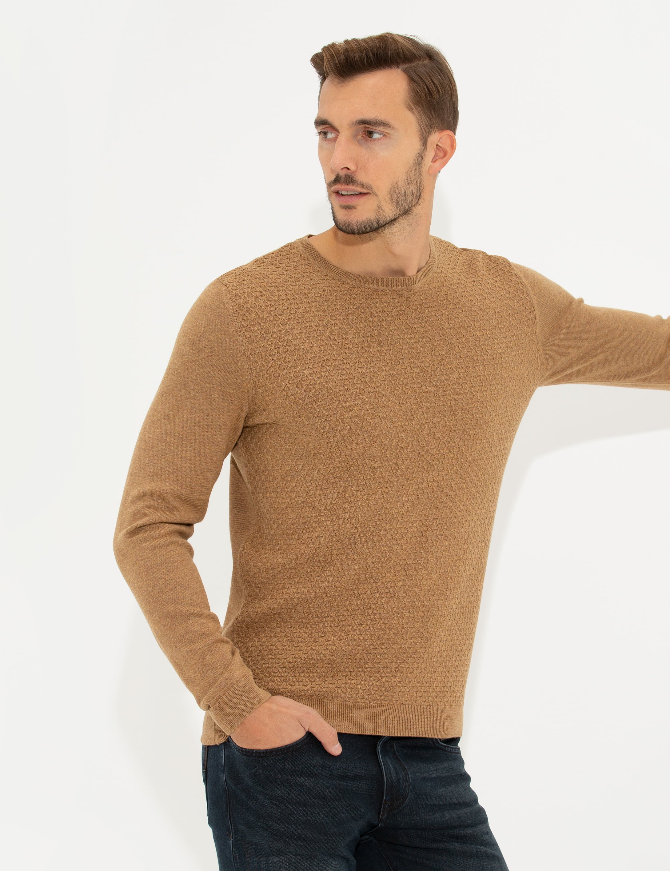 Camel Melanj Slim Fit Bisiklet Yaka Triko Kazak - Image 1
