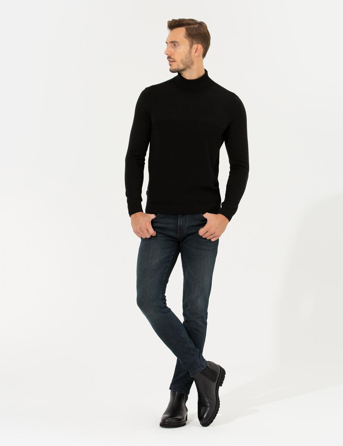 Siyah Slim Fit Balıkçı Yaka Triko Kazak - 50265422013