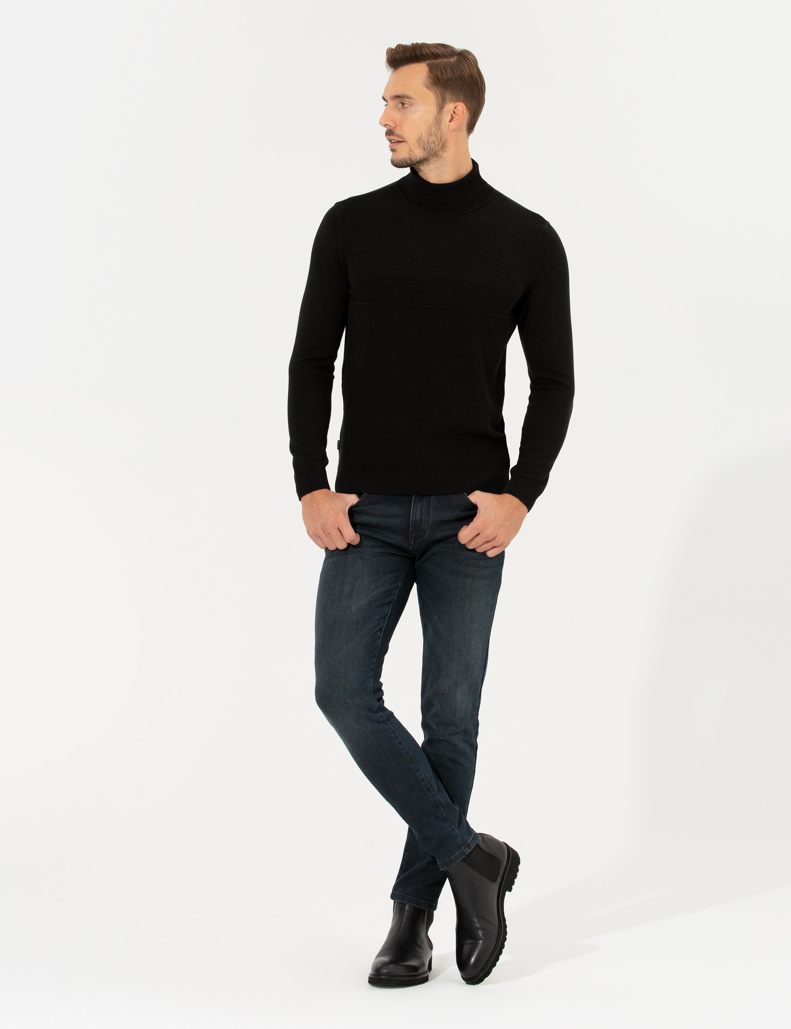 Siyah Slim Fit Balıkçı Yaka Triko Kazak