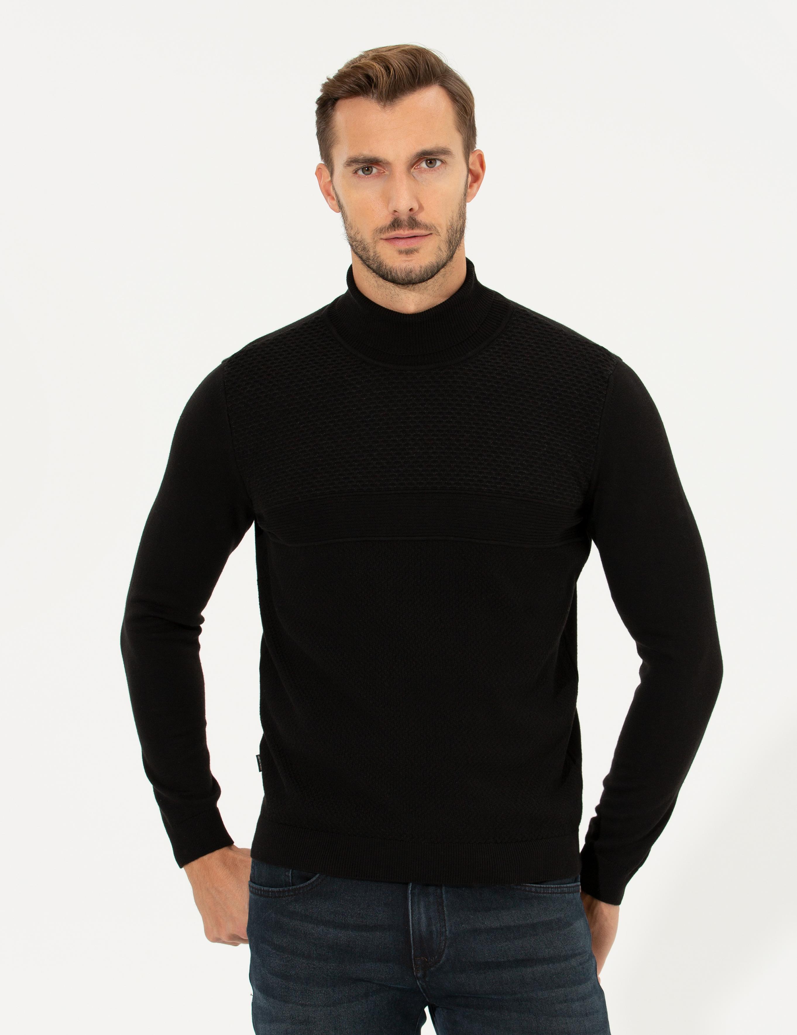 Siyah Slim Fit Balıkçı Yaka Triko Kazak