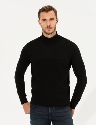 Siyah Slim Fit Balıkçı Yaka Triko Kazak