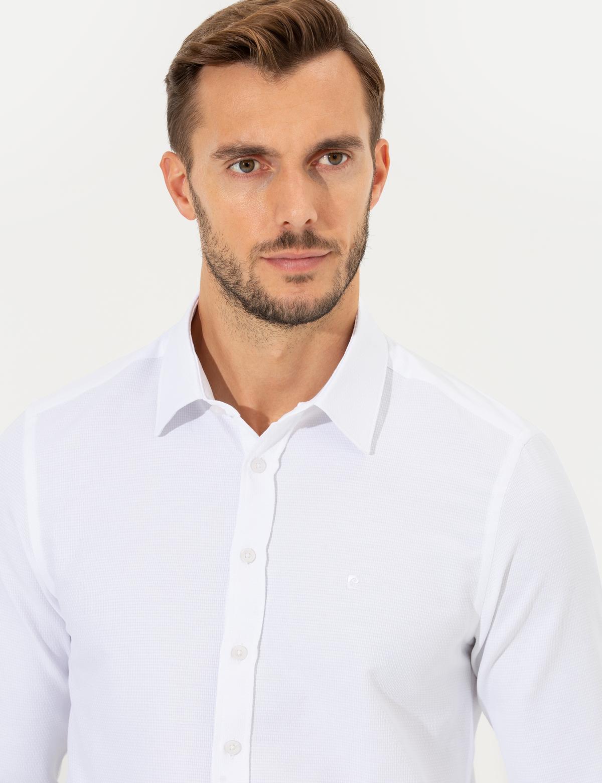 Beyaz Slim Fit Armürlü Klasik Gömlek