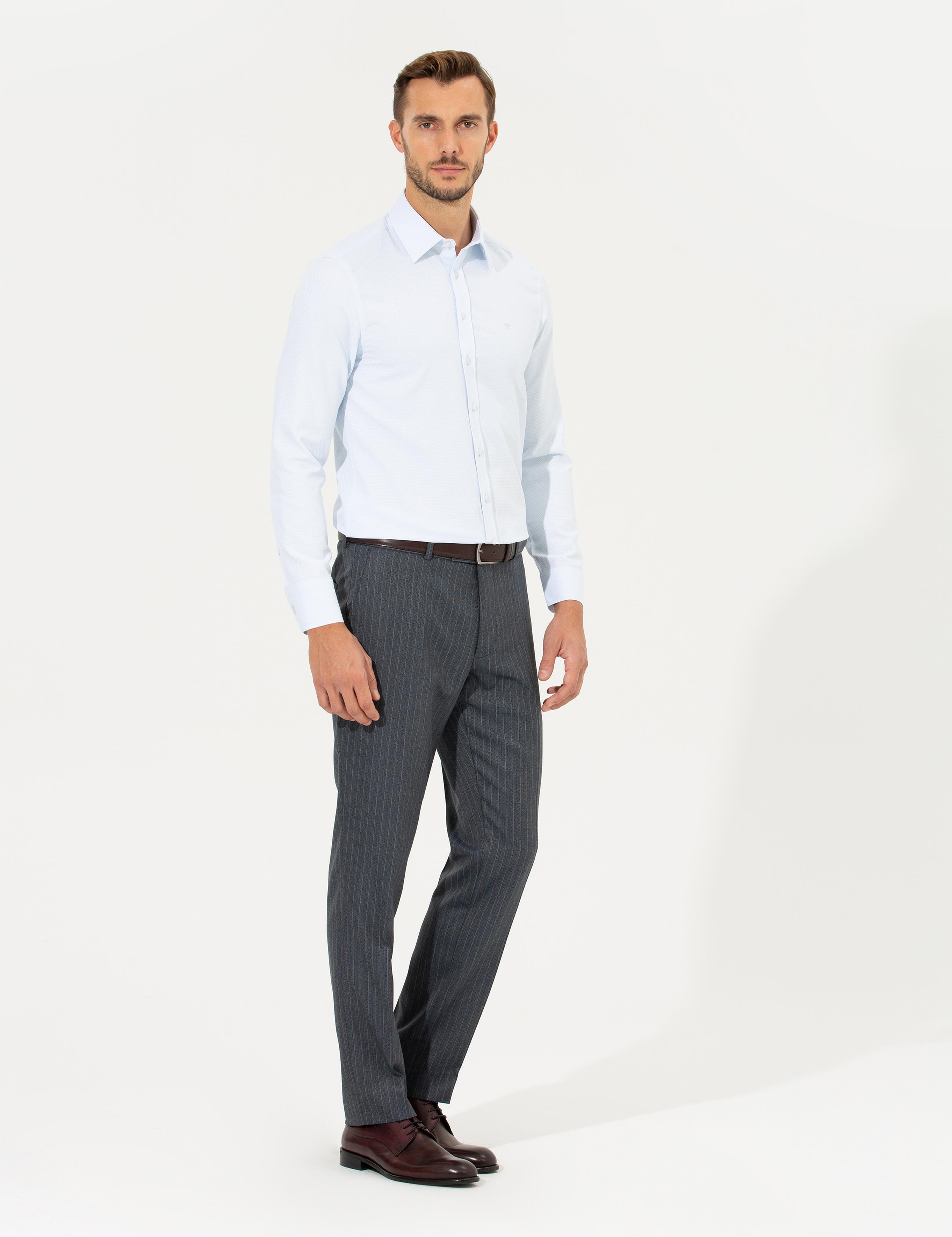 Açık Mavi Slim Fit Armürlü Klasik Gömlek