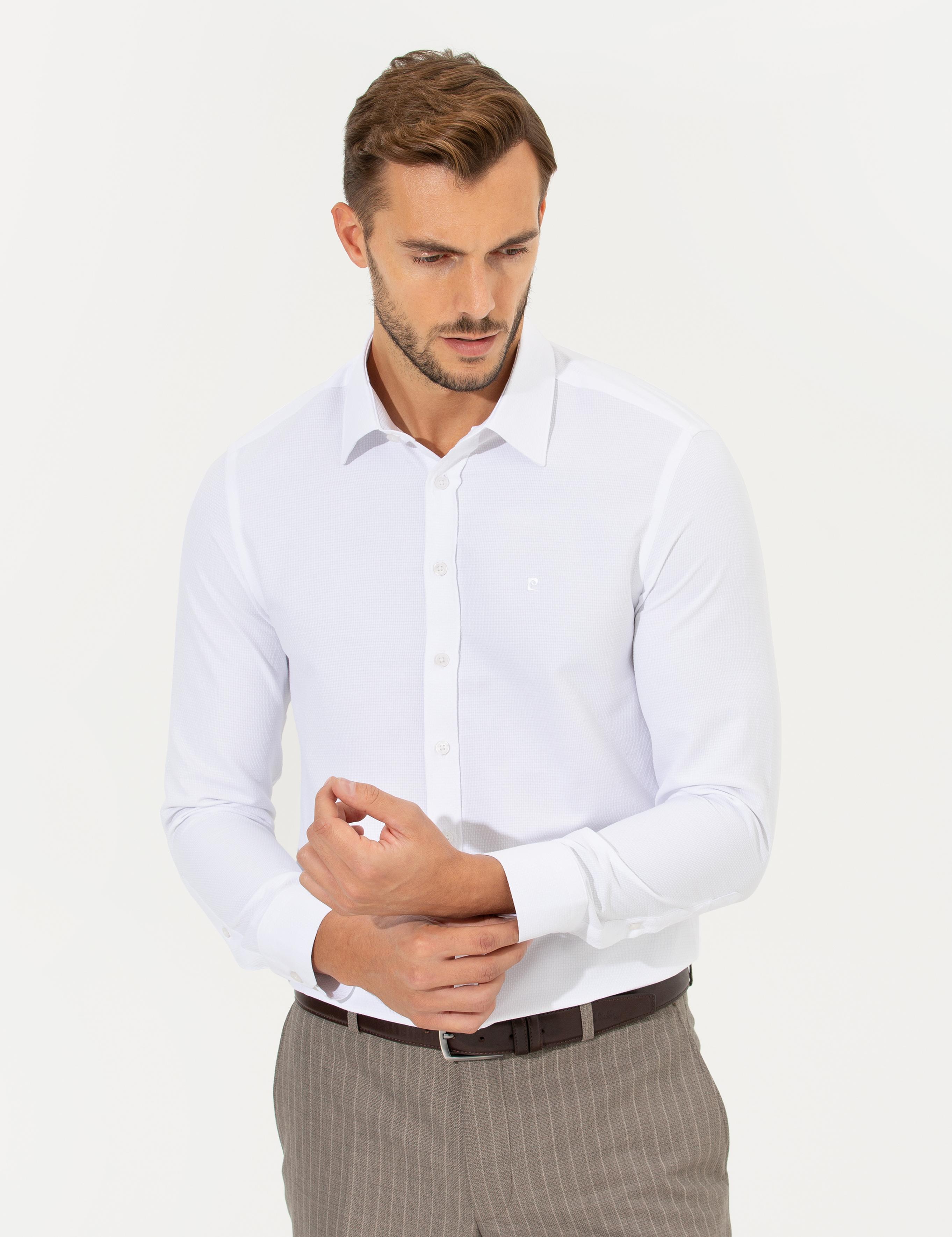 Beyaz Slim Fit Armürlü Klasik Gömlek