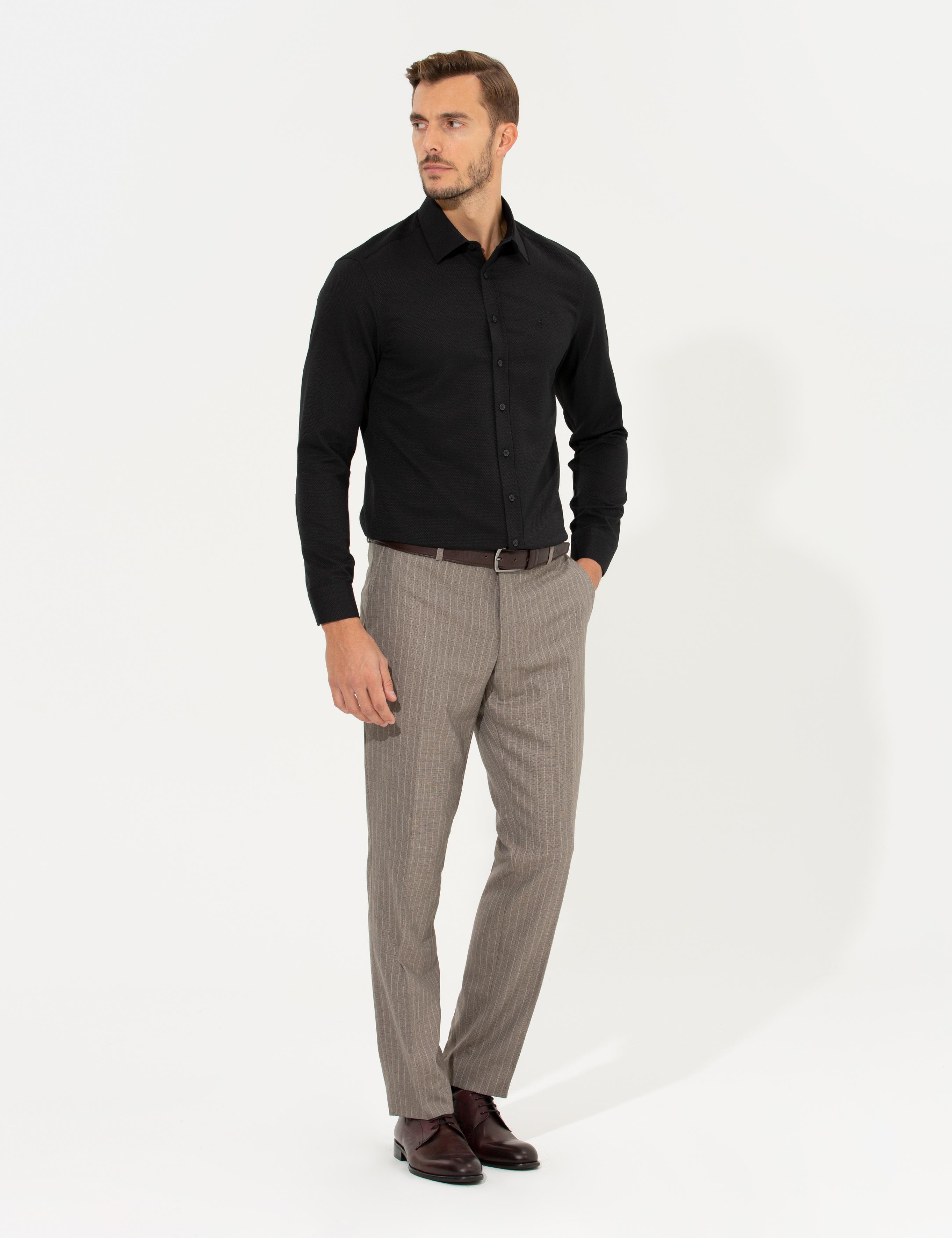 Siyah Slim Fit Armürlü Gömlek