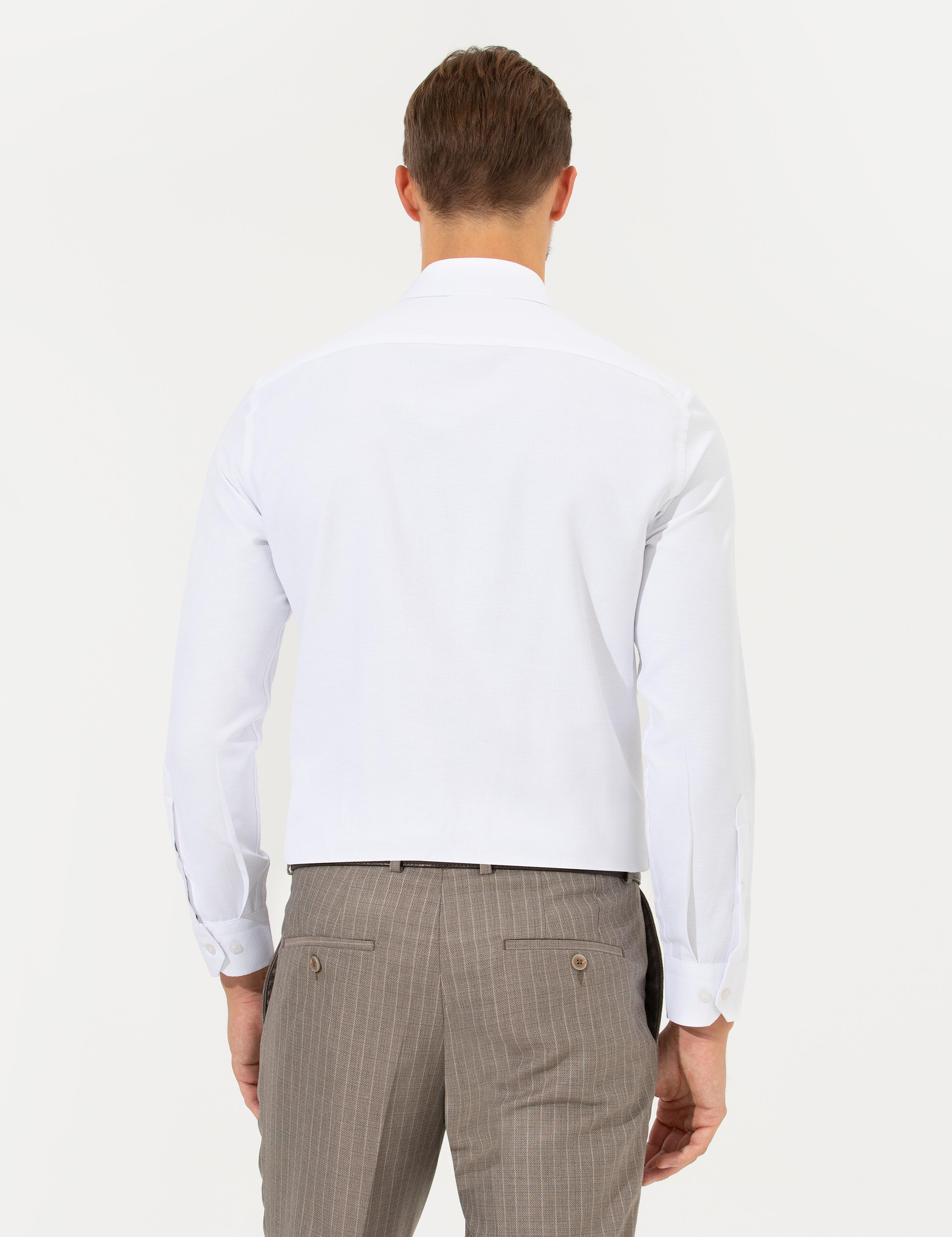 Beyaz Slim Fit Armürlü Klasik Gömlek