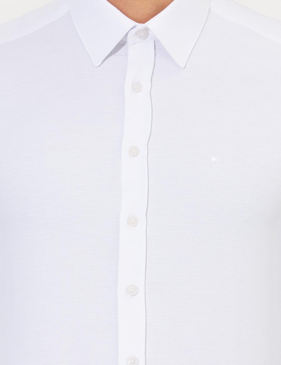 Beyaz Slim Fit Armürlü Klasik Gömlek