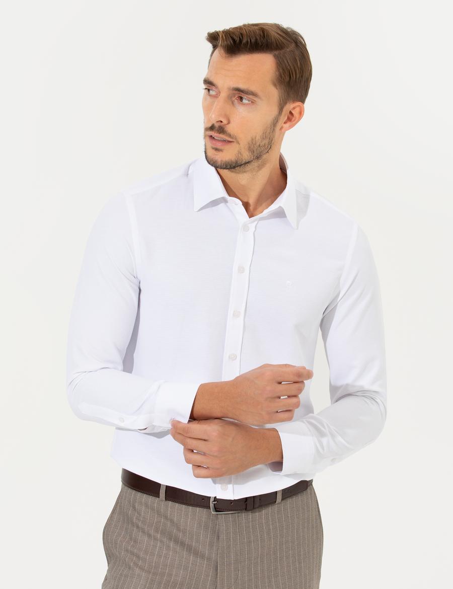 Beyaz Slim Fit Armürlü Klasik Gömlek