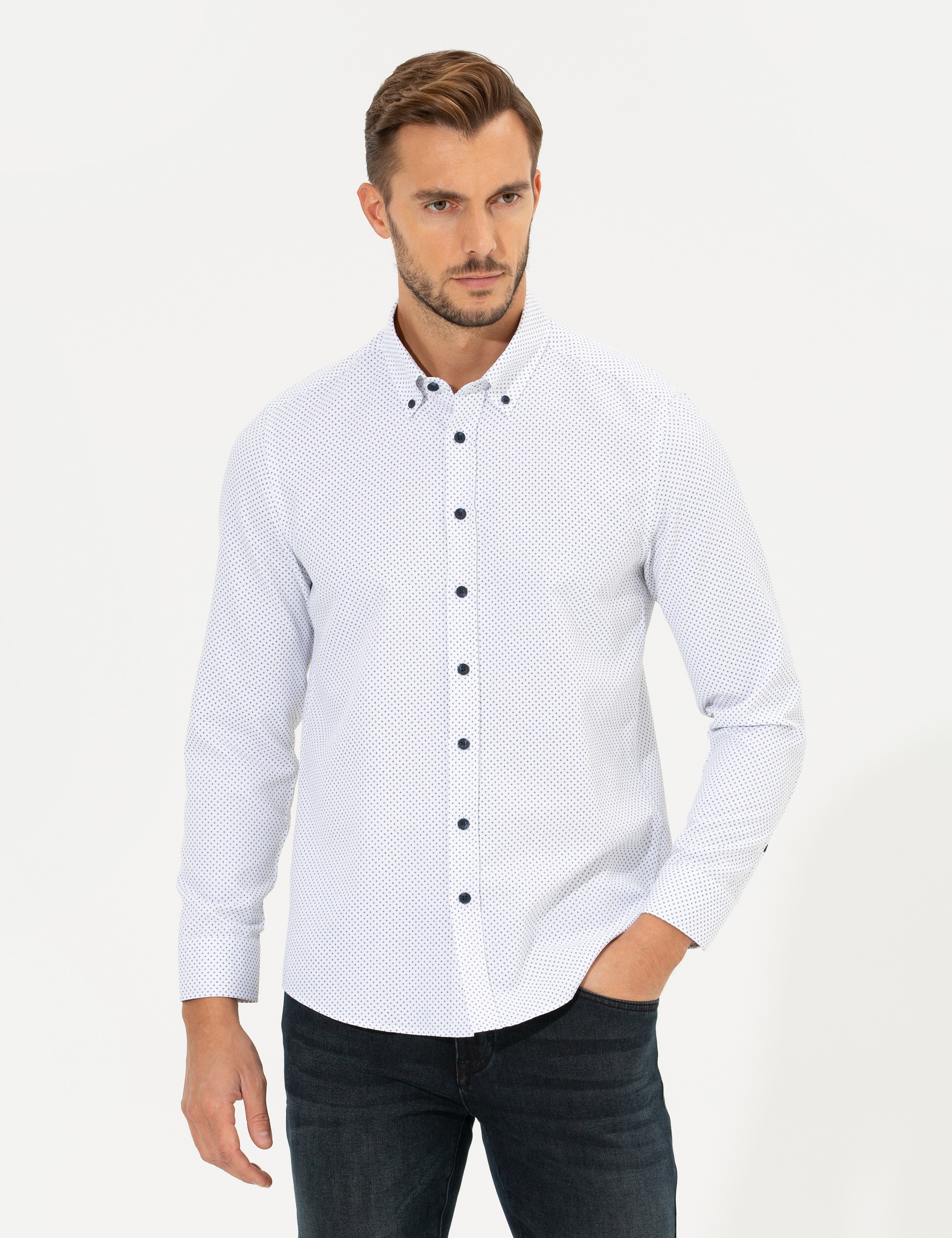Lacivert Slim Fit Uzun Kollu Gömlek - Image 3