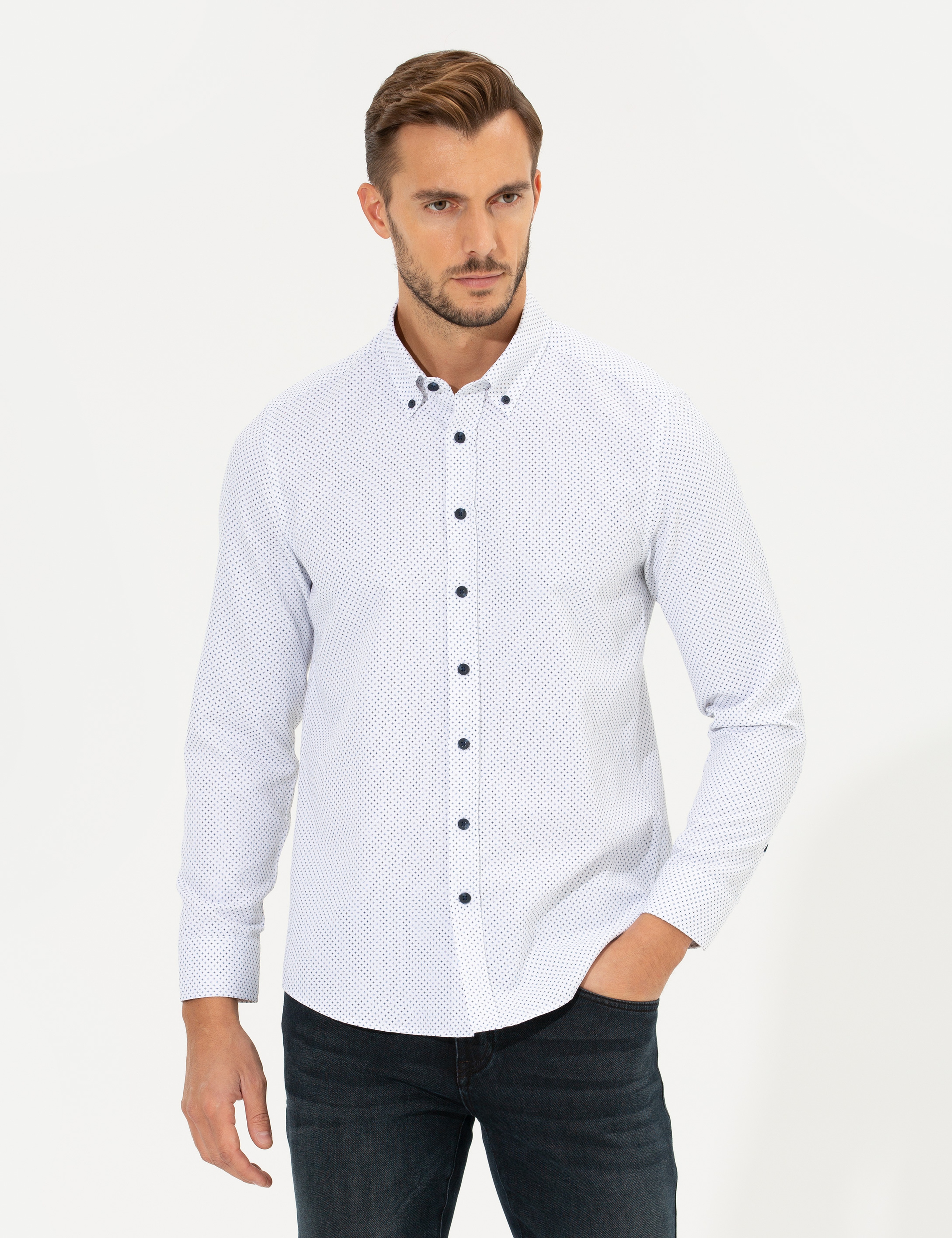 Lacivert Slim Fit Uzun Kollu Gömlek