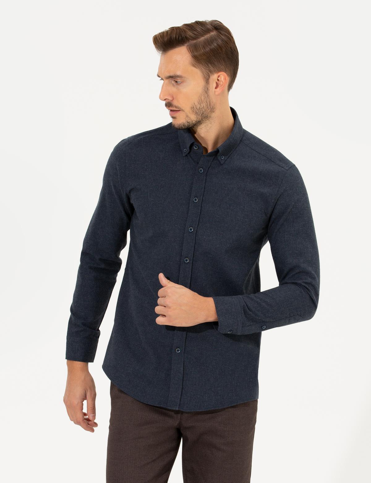 Lacivert Slim Fit Uzun Kollu Gömlek