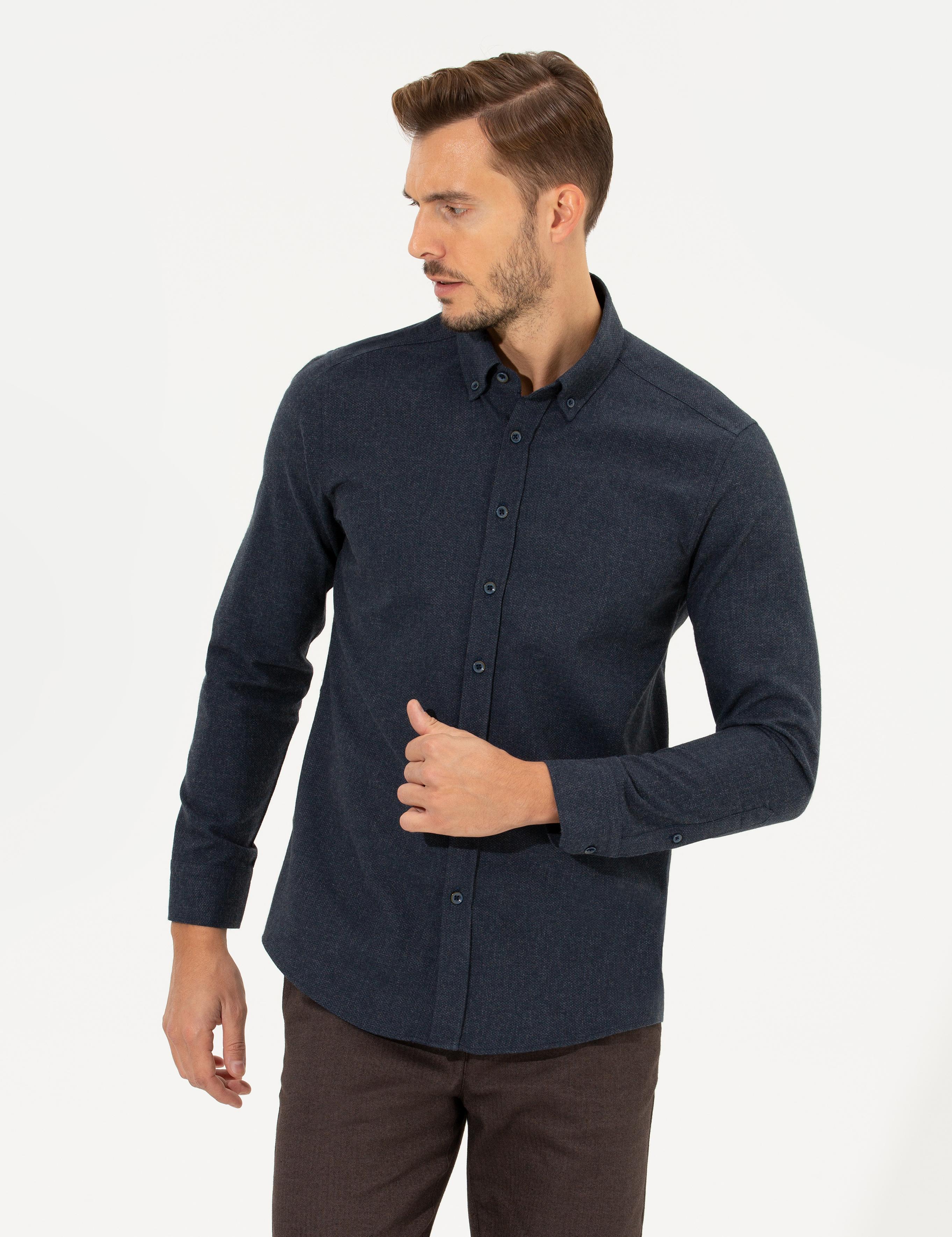 Lacivert Slim Fit Uzun Kollu Gömlek