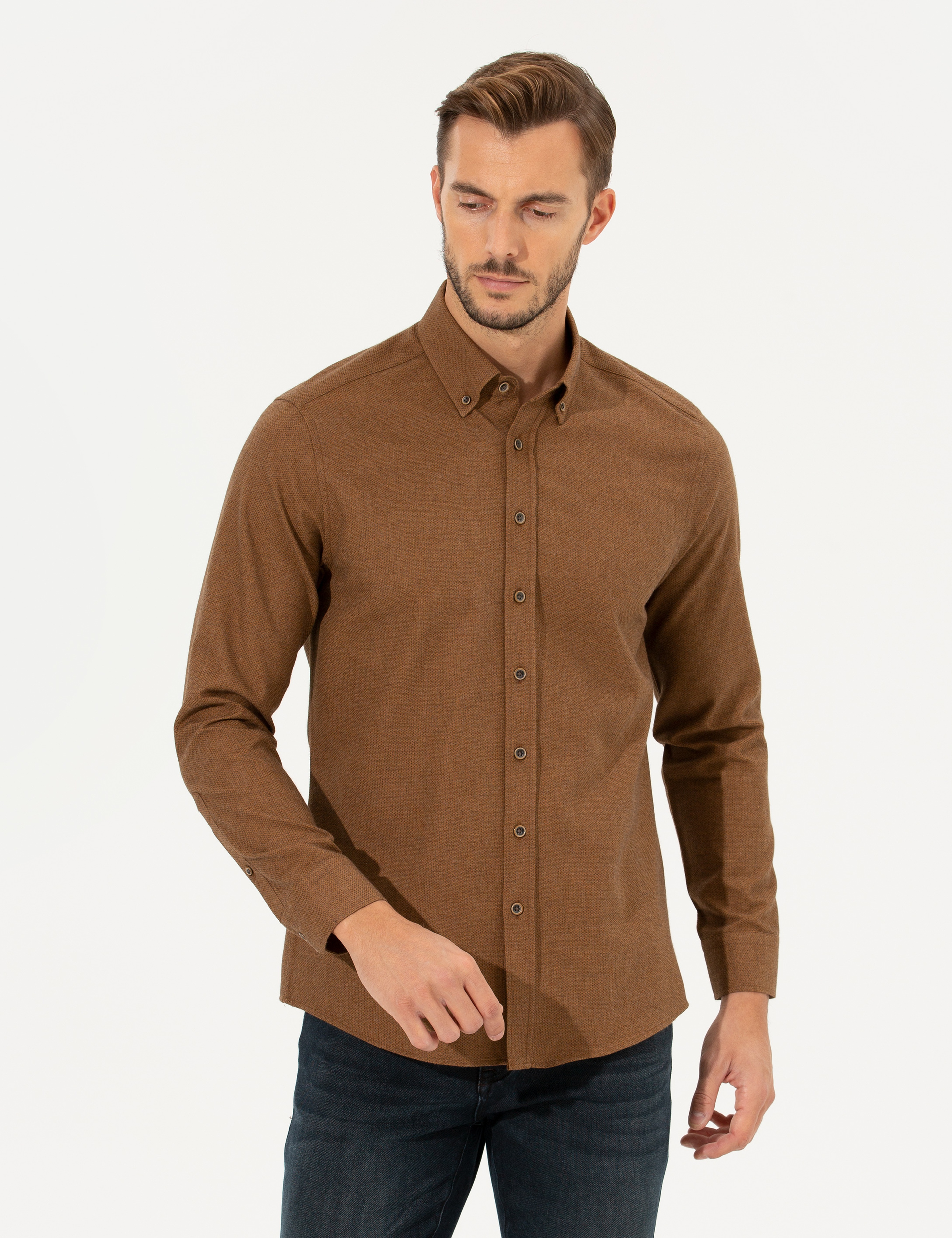Kahverengi Slim Fit Uzun Kollu Gömlek - Image 4
