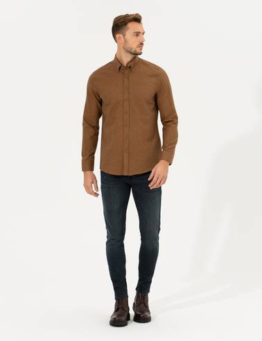 Kahverengi Slim Fit Uzun Kollu Gömlek