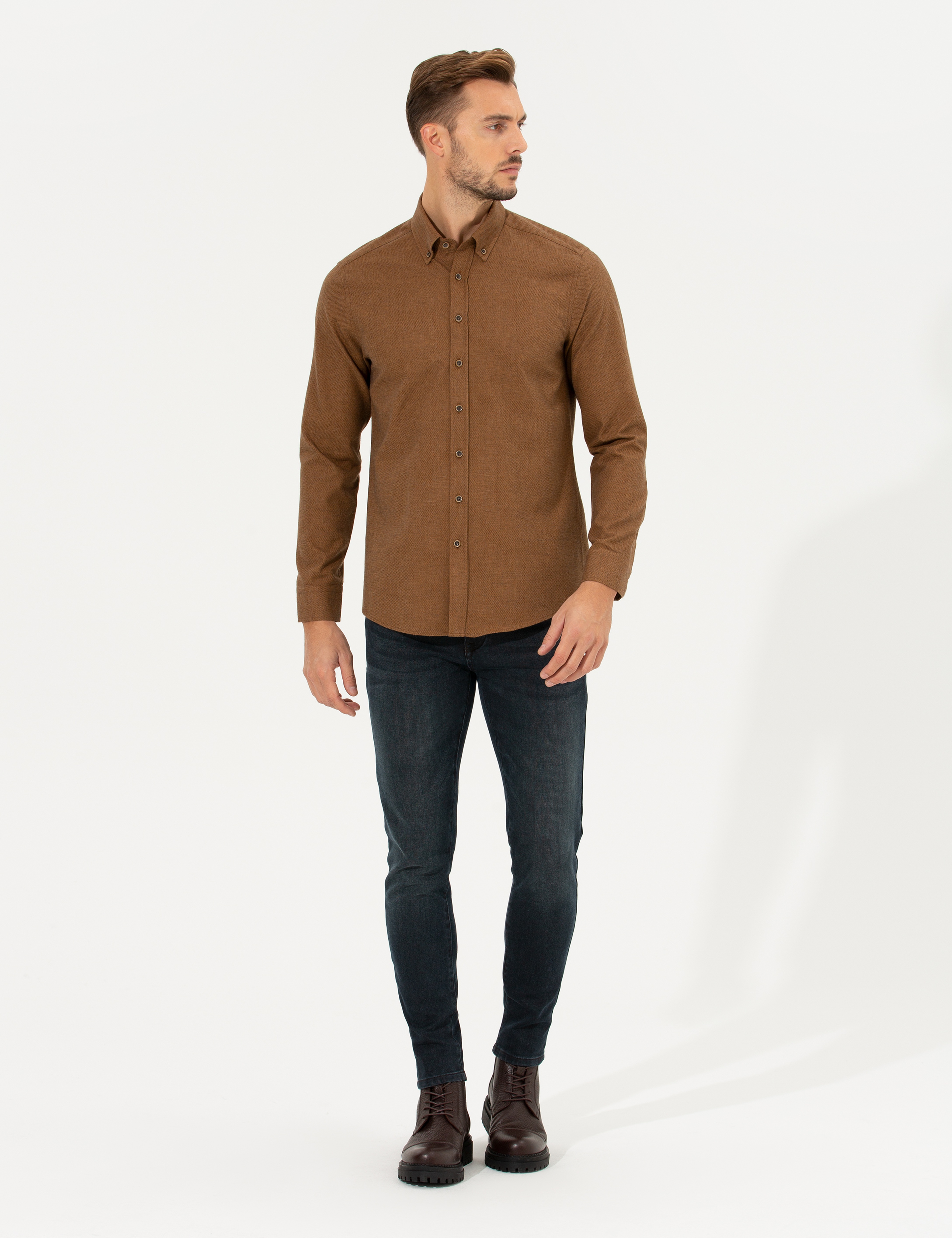 Kahverengi Slim Fit Uzun Kollu Gömlek