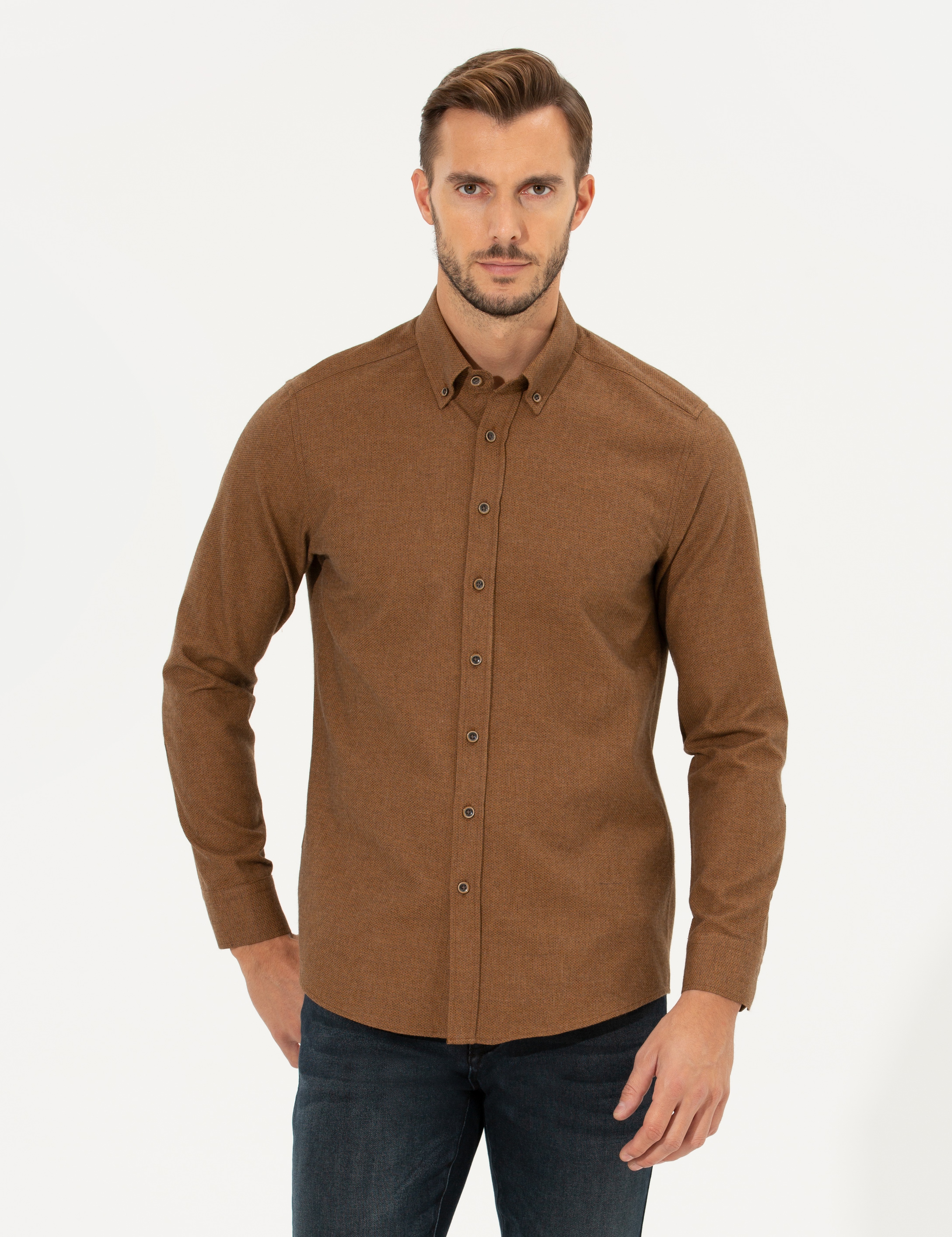 Kahverengi Slim Fit Uzun Kollu Gömlek - Image 1