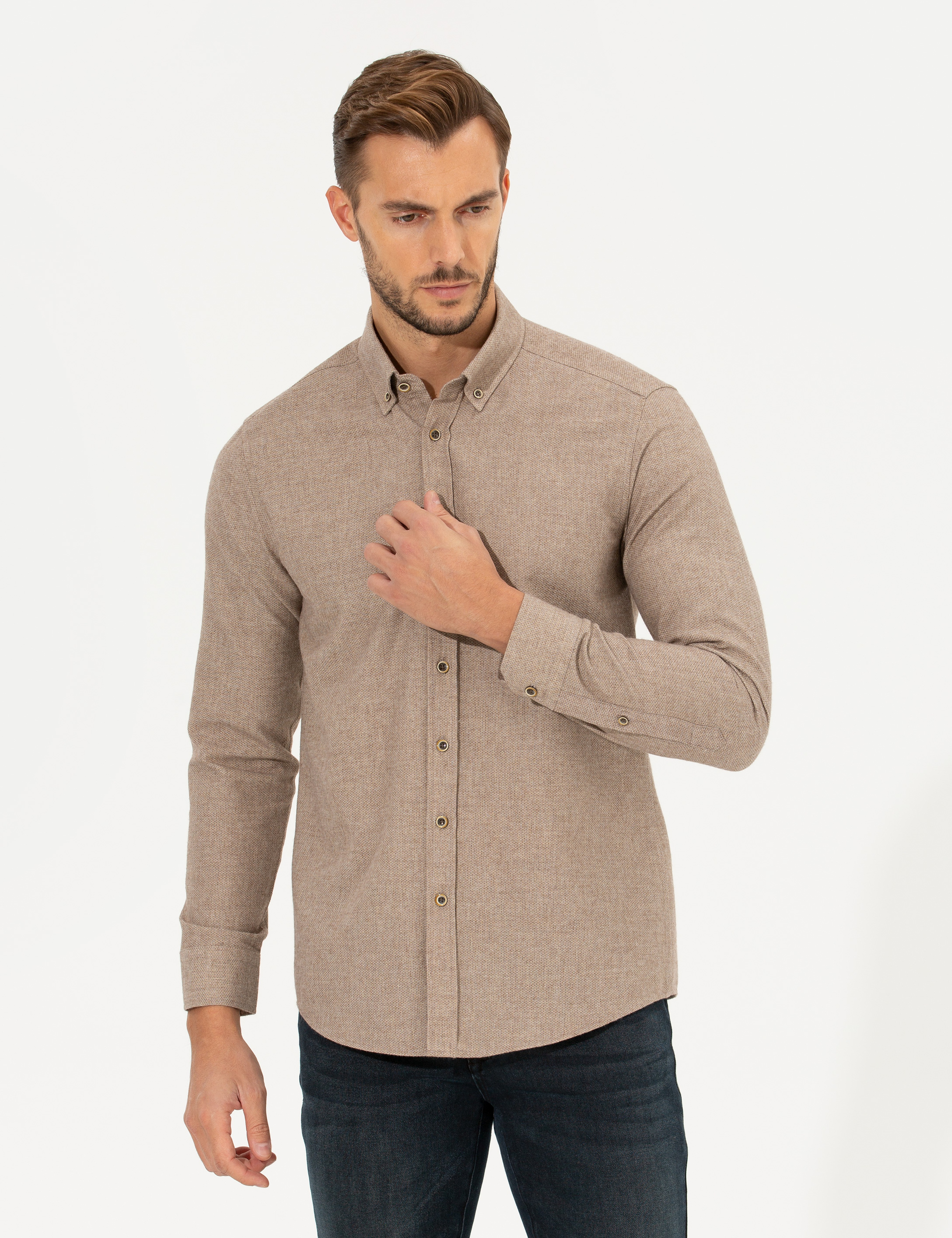 Bej Slim Fit Uzun Kollu Gömlek