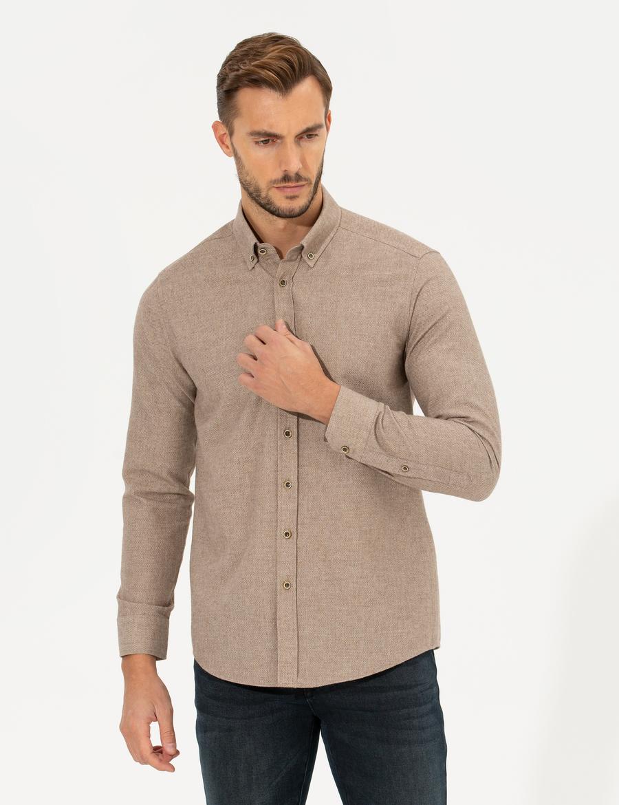 Bej Slim Fit Uzun Kollu Gömlek