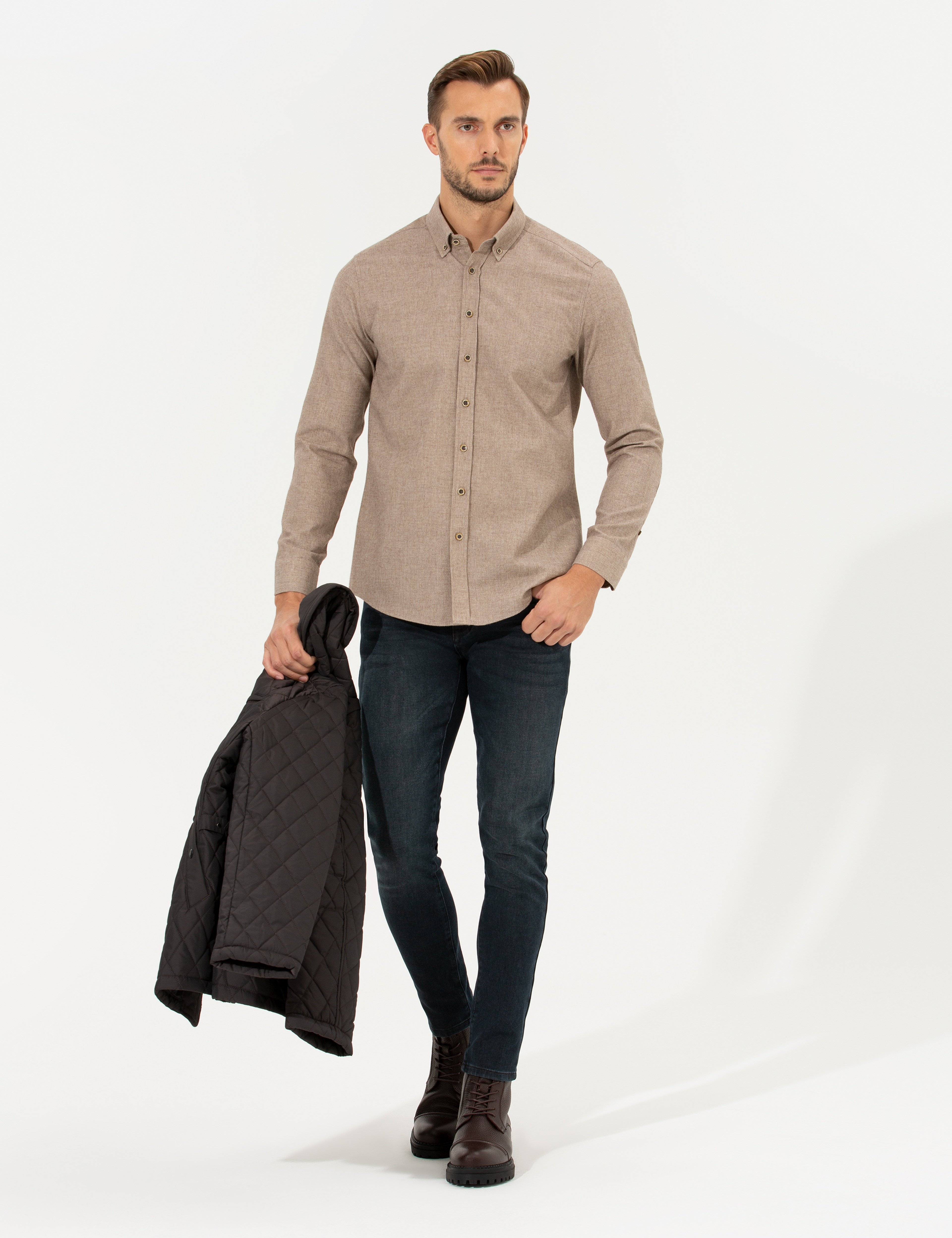 Bej Slim Fit Uzun Kollu Gömlek - Image 1