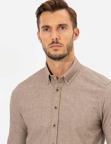Bej Slim Fit Uzun Kollu Gömlek