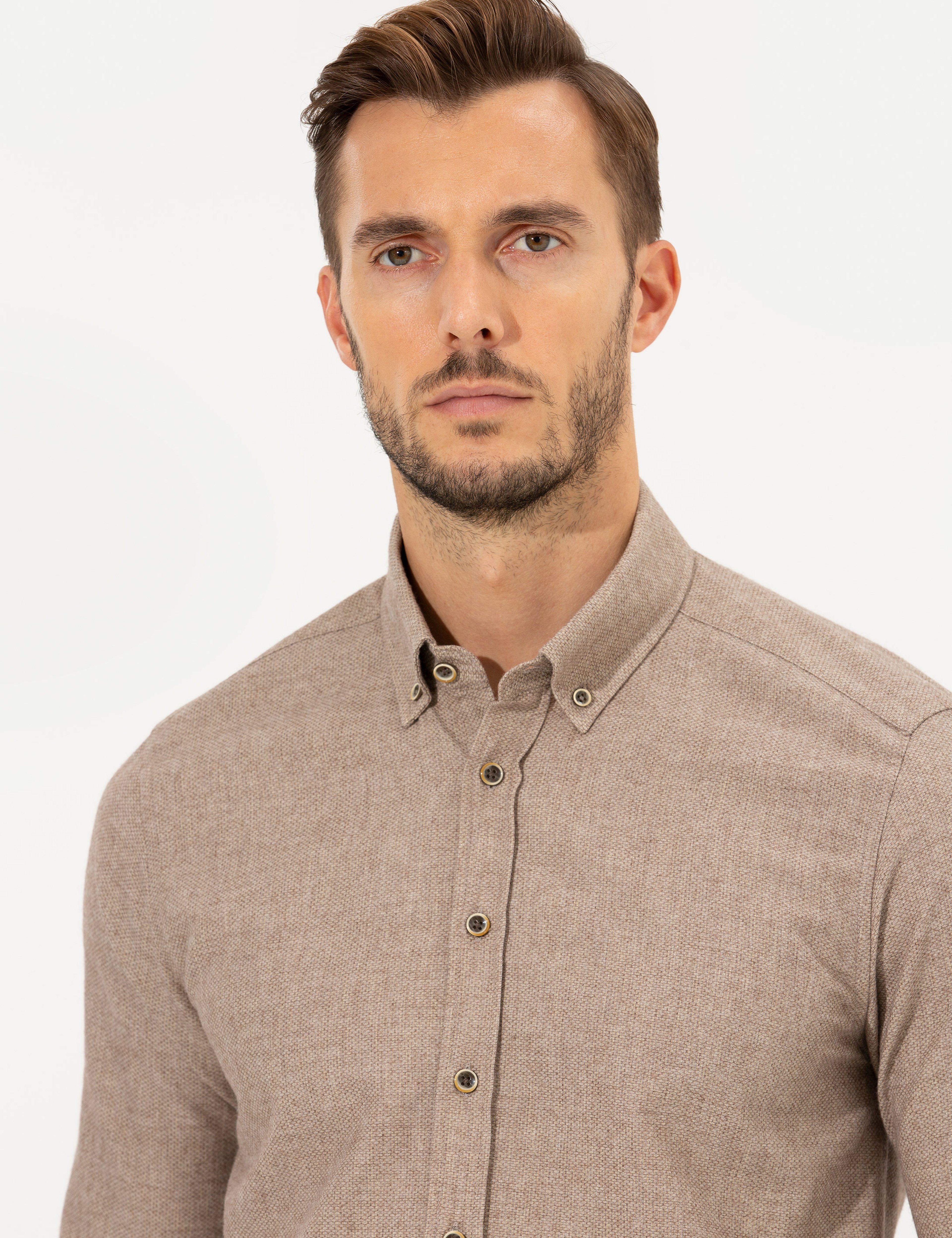 Bej Slim Fit Uzun Kollu Gömlek - Image 3