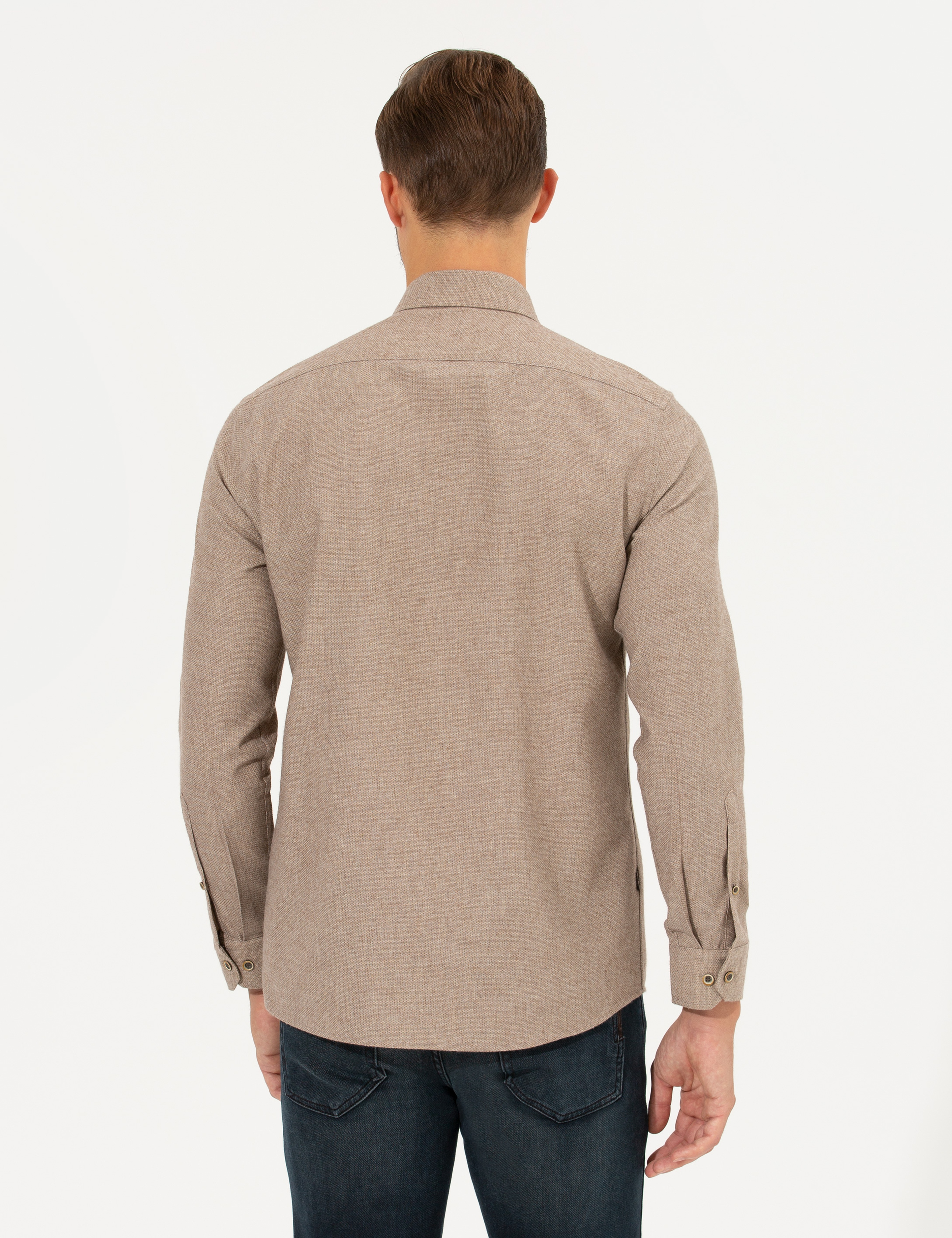 Bej Slim Fit Uzun Kollu Gömlek - Image 5