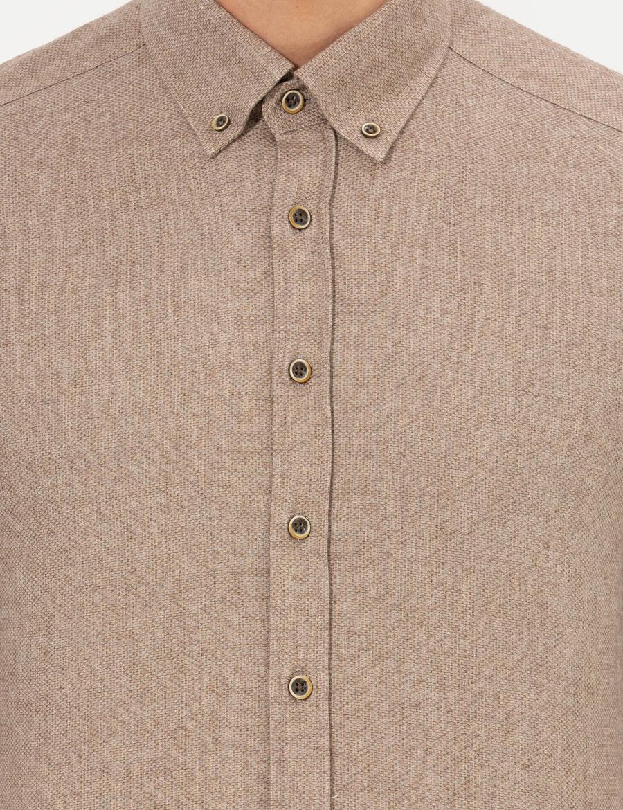 Bej Slim Fit Uzun Kollu Gömlek