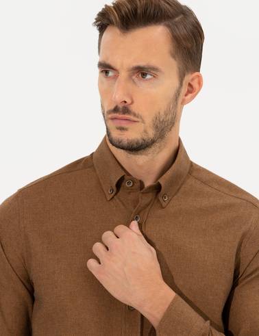 Kahverengi Slim Fit Uzun Kollu Gömlek
