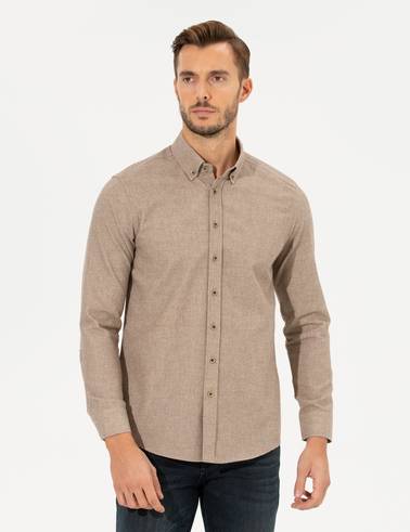 Bej Slim Fit Uzun Kollu Gömlek