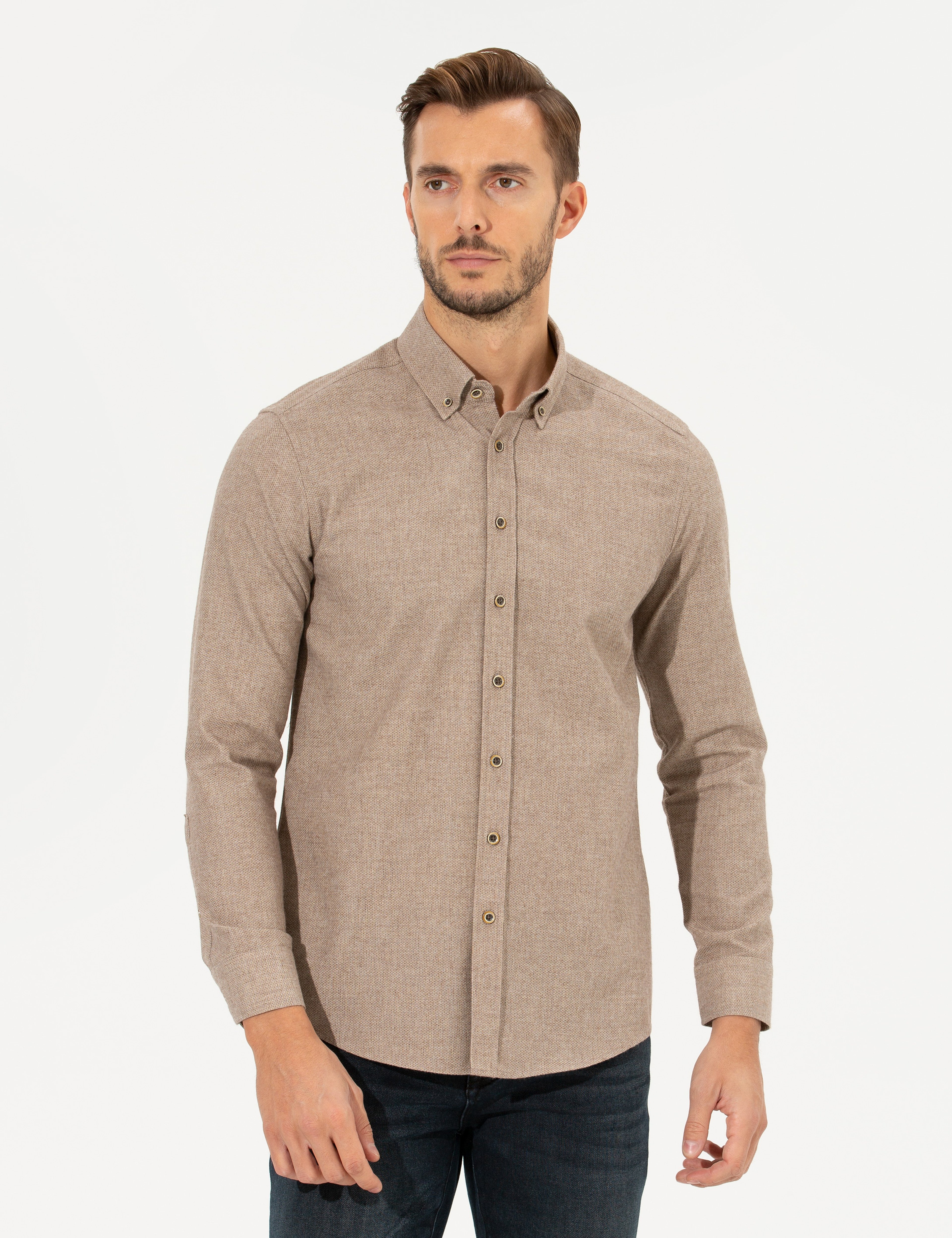 Bej Slim Fit Uzun Kollu Gömlek - Image 4
