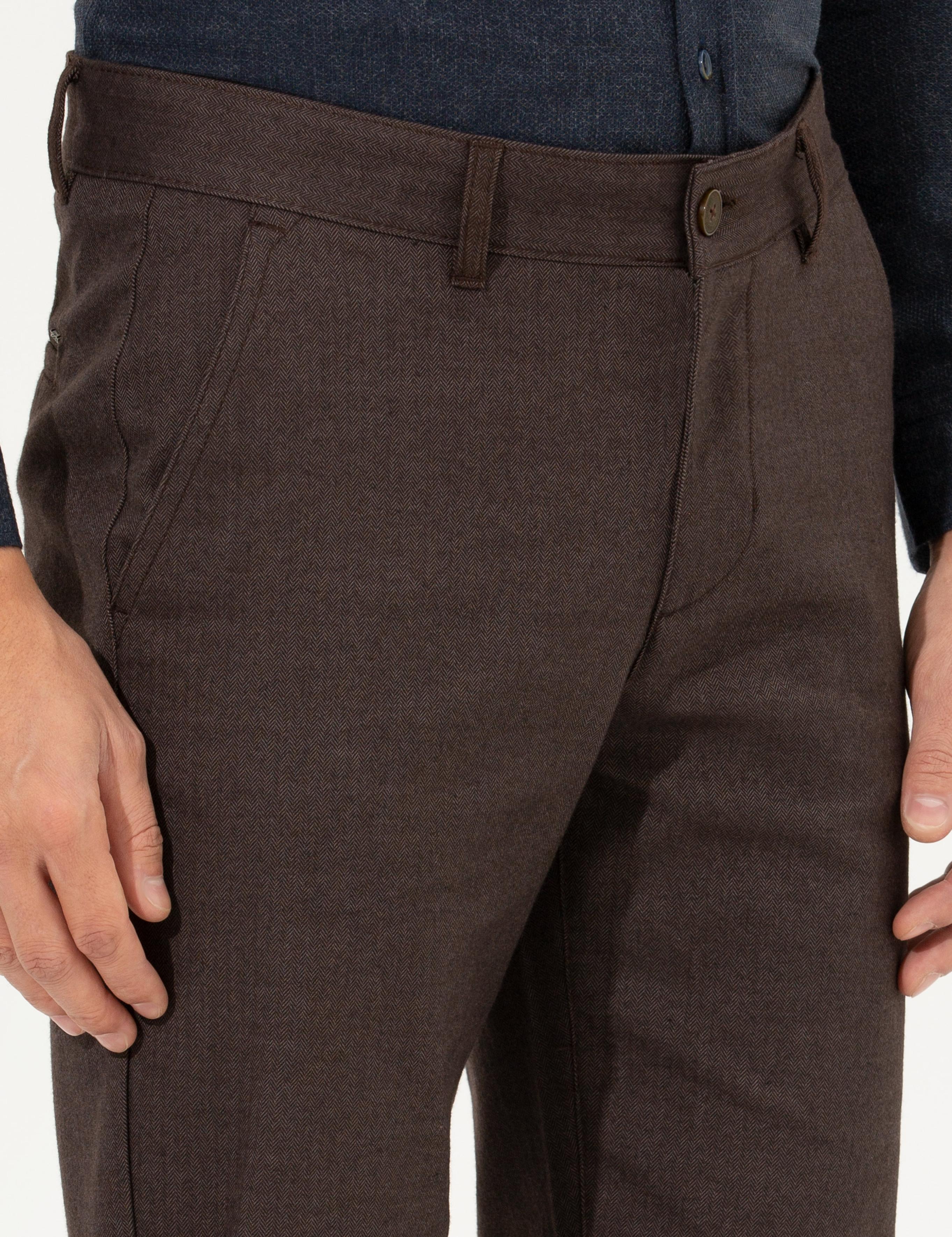 Kahverengi Regular Fit Çizgili Kanvas Pantolon