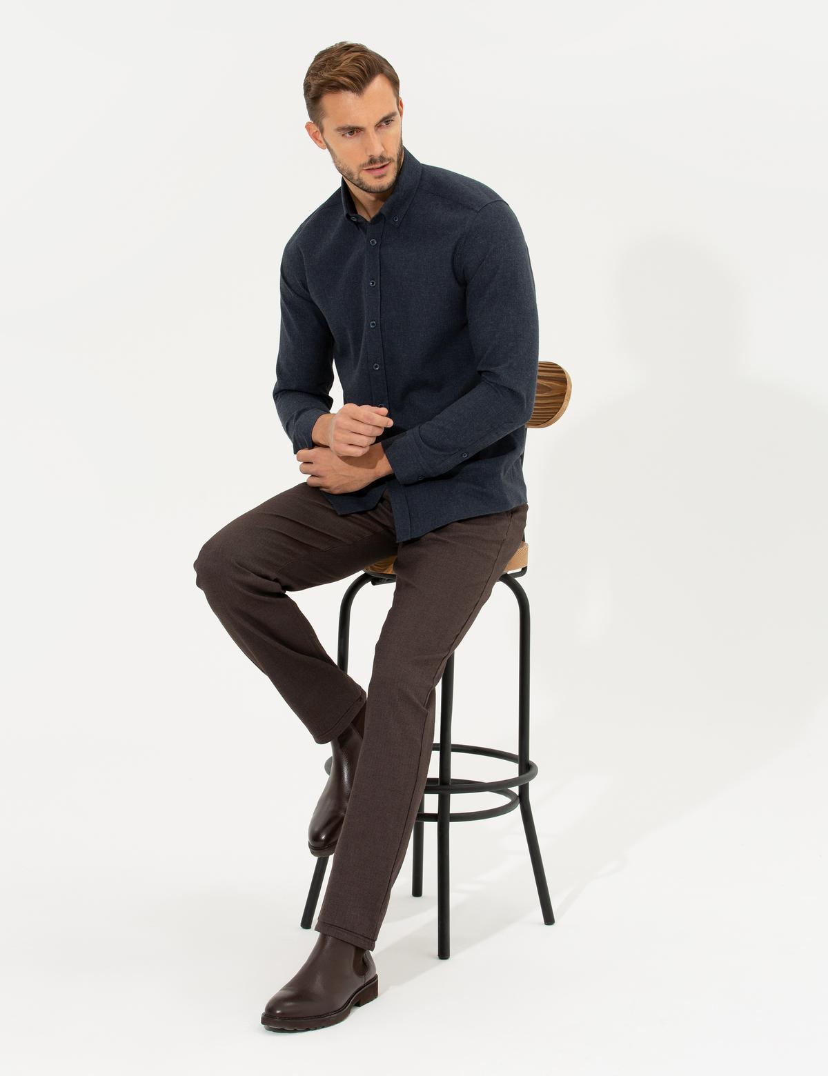 Kahverengi Regular Fit Çizgili Kanvas Pantolon