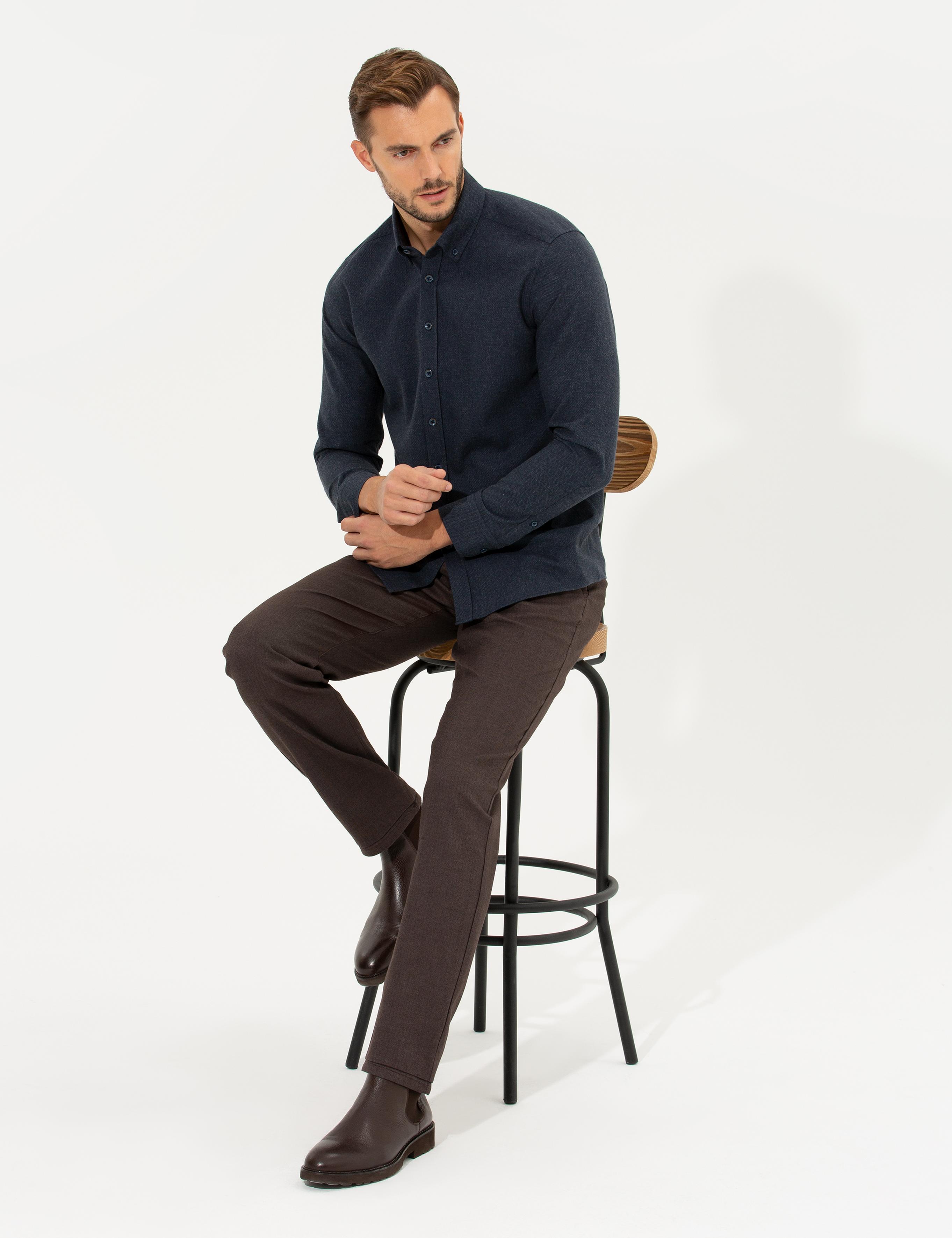 Kahverengi Regular Fit Çizgili Kanvas Pantolon