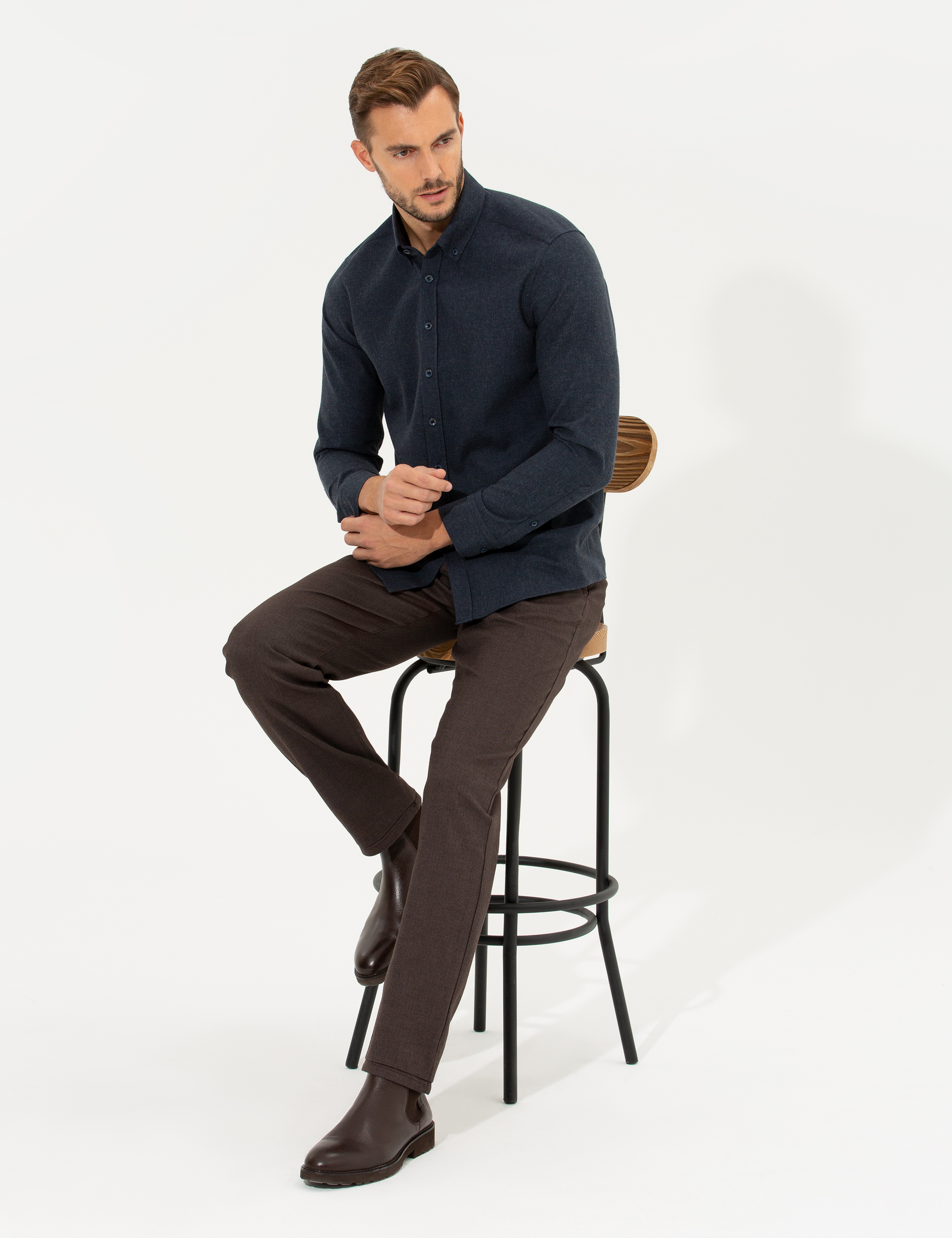 Kahverengi Regular Fit Çizgili Kanvas Pantolon - Image 1